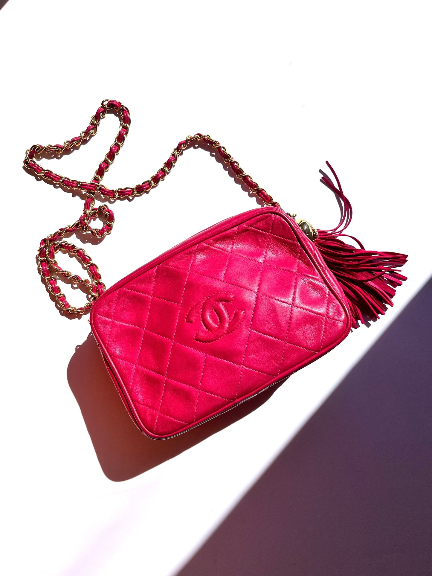 CHANEL   Tassel Pink Leather Quilted Crossbody Camera Case Bag
