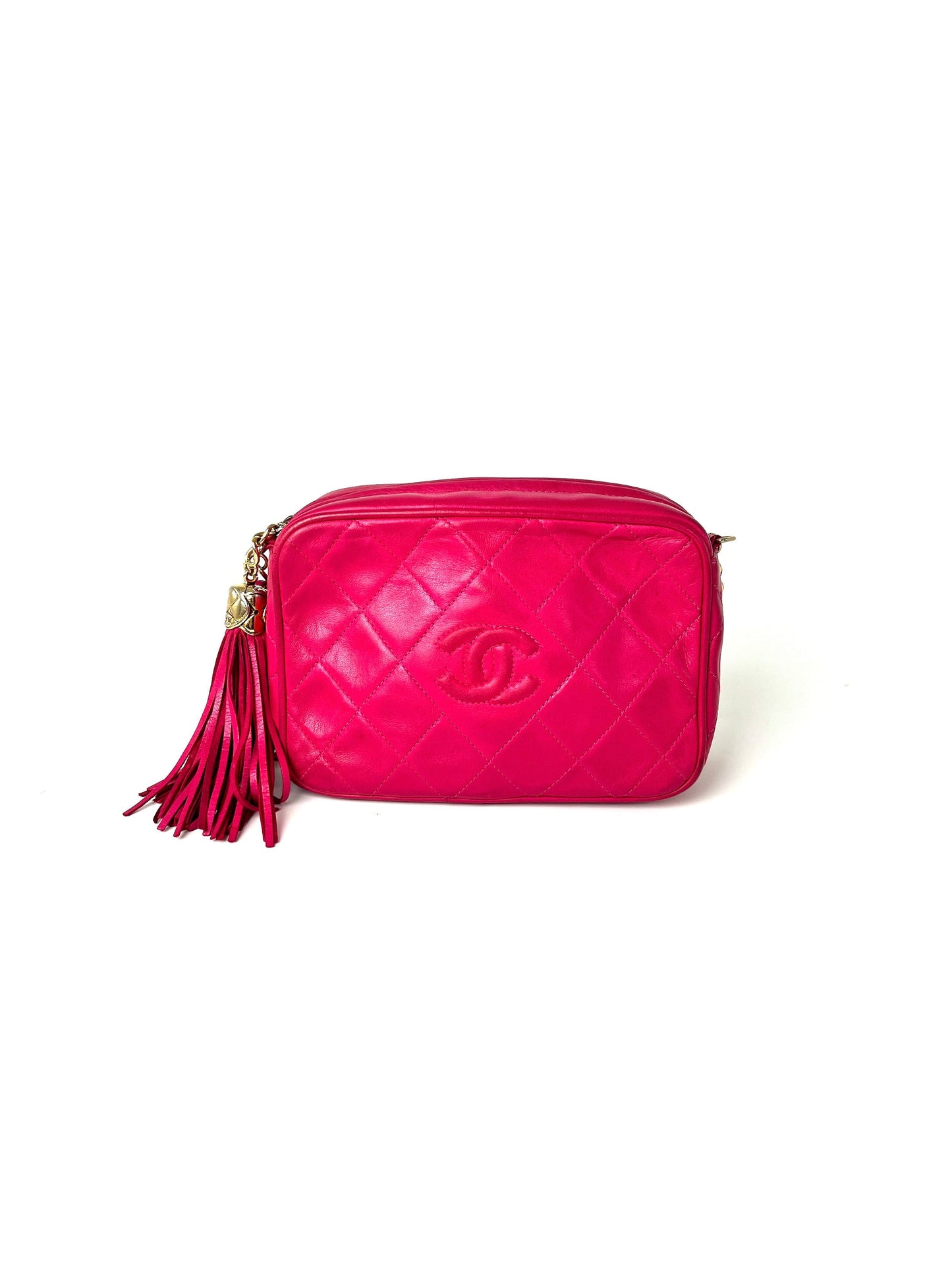 CHANEL   Tassel Pink Leather Quilted Crossbody Camera Case Bag