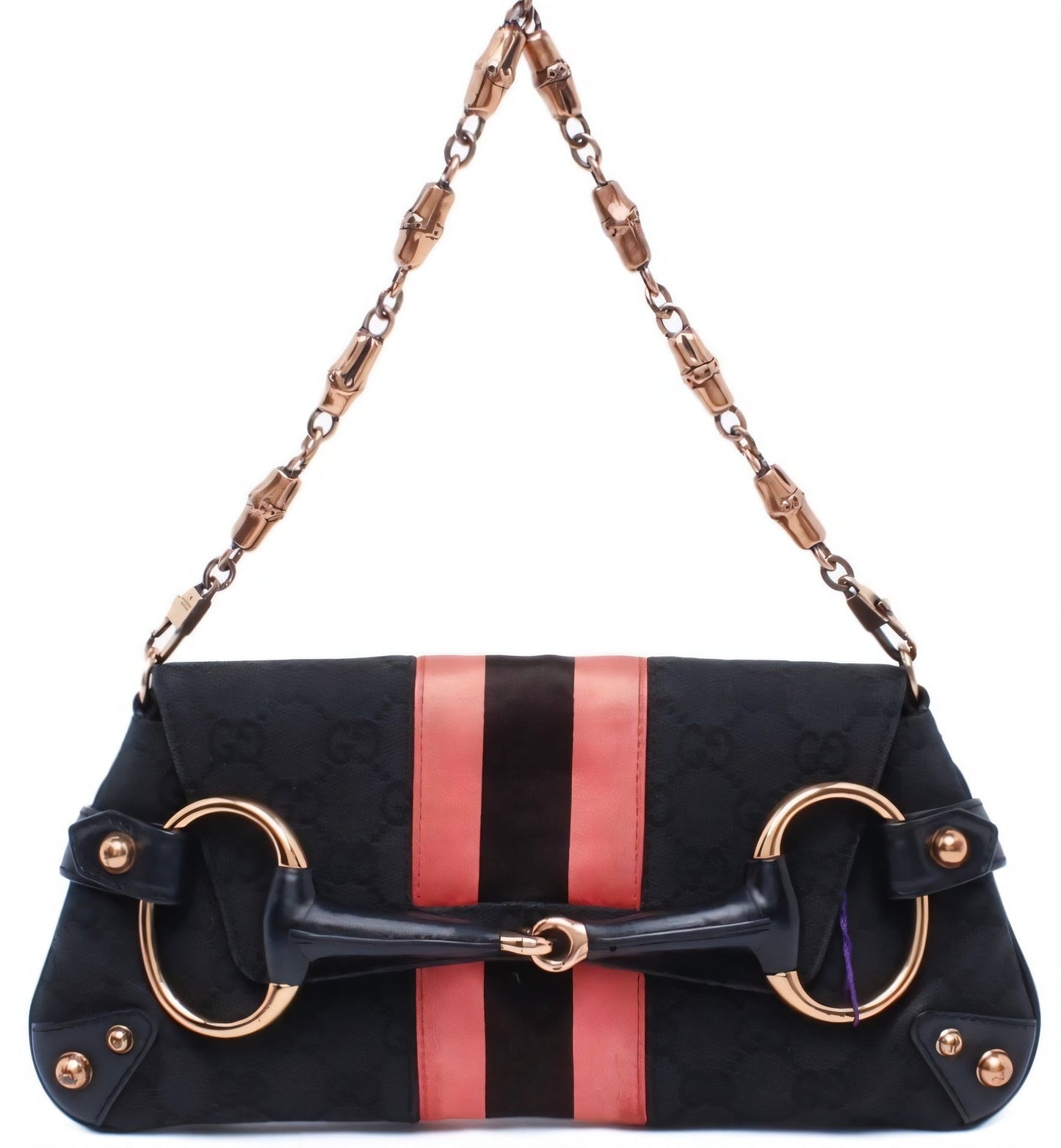 Gucci Horsebit Chain Shoulder Bag With Silk Stripe Monogram Black