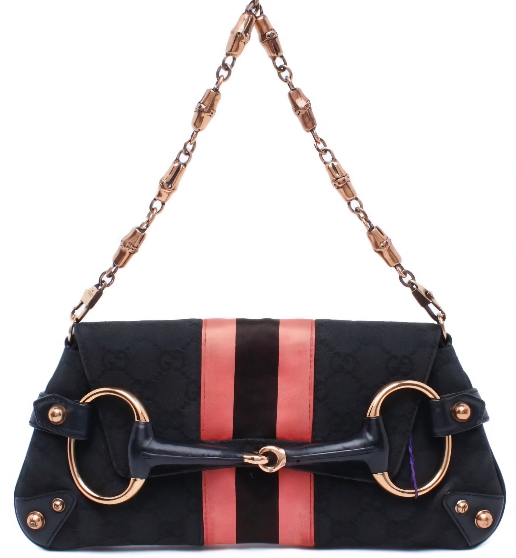 Gucci Horsebit Chain Shoulder Bag With Silk Stripe Monogram Black