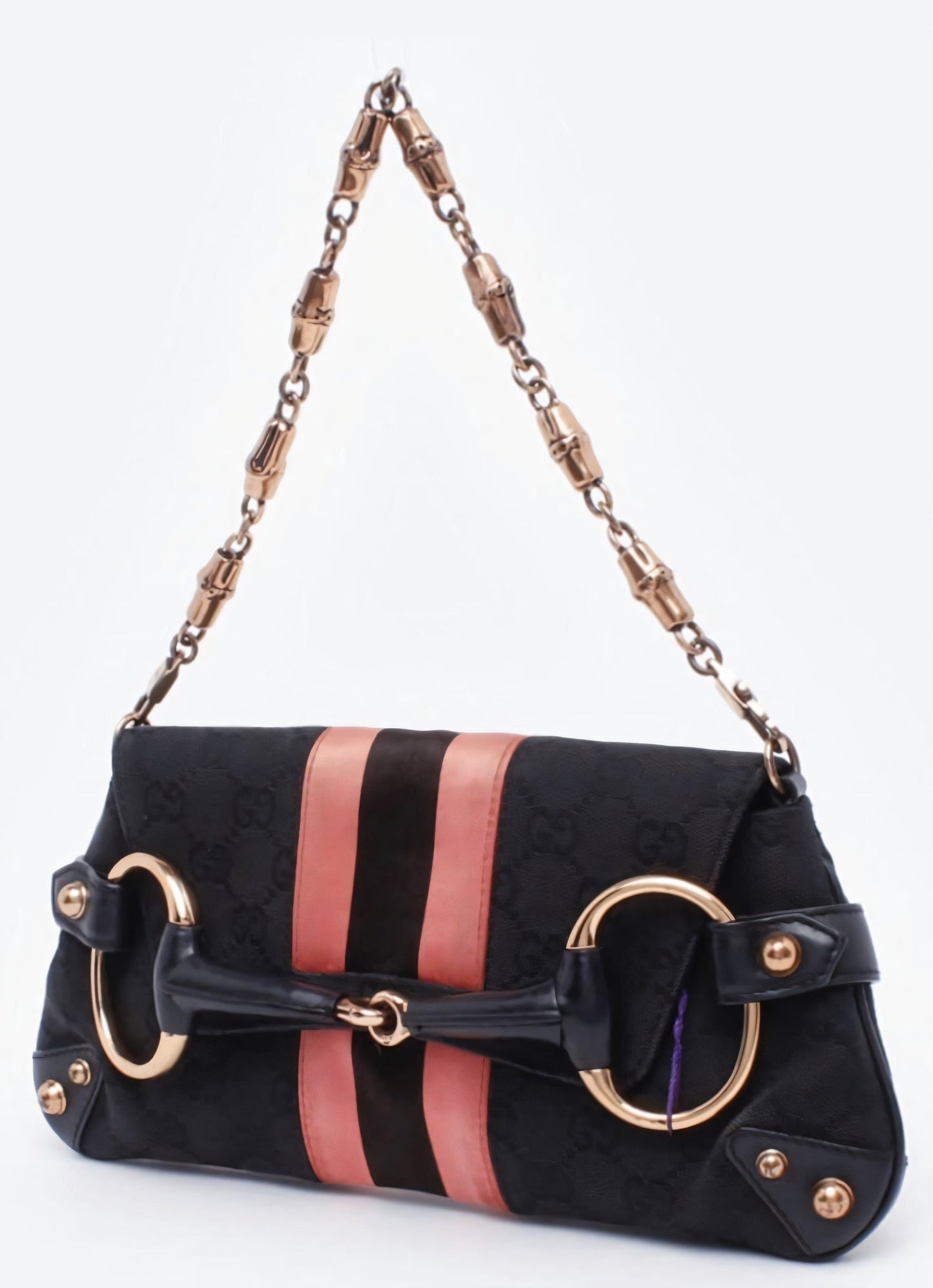 Gucci Horsebit Chain Shoulder Bag With Silk Stripe Monogram Black