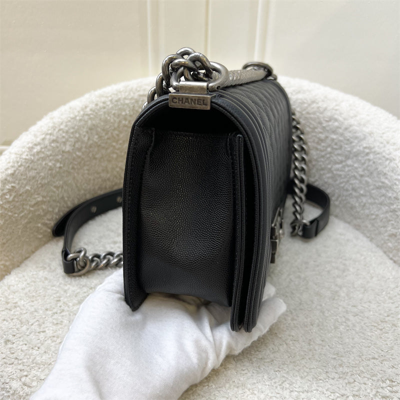 Chanel Medium 25CM Boy Flap in Black Caviar and Rhw Handbag
