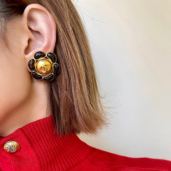 Chanel 1997 Made Cc Mark Flower Stone Earrings Brown