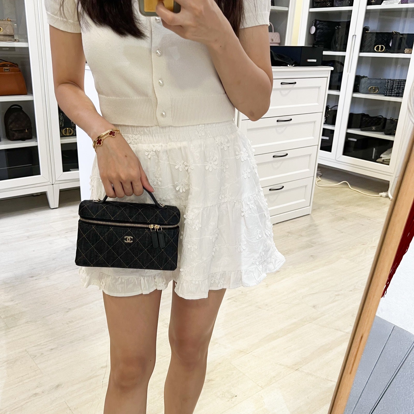 Chanel [Local Set - Jan ] 26P Vanity Clutch With Chain (Lp Style Bag) In Dark Blue Denim And Lghw ( )
