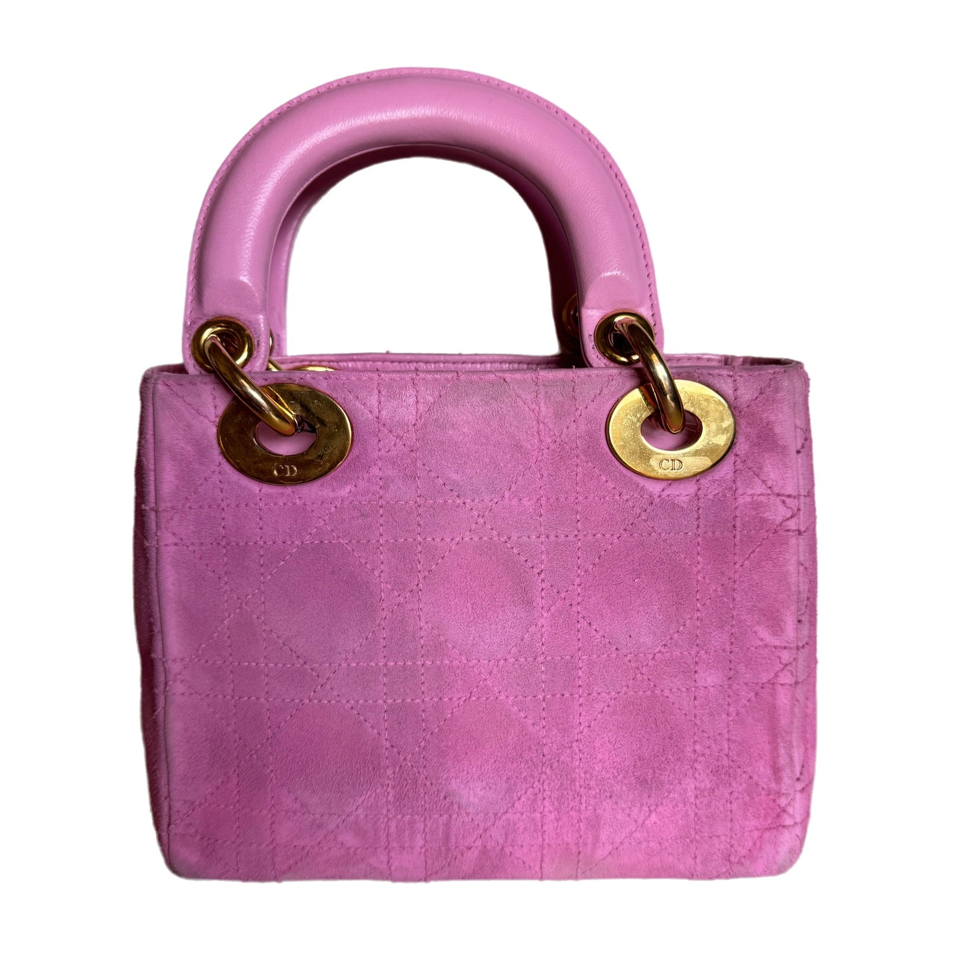 Dior Lady Mini With Yellow Tone Hardware Handbag Suede Pink Travel Bag