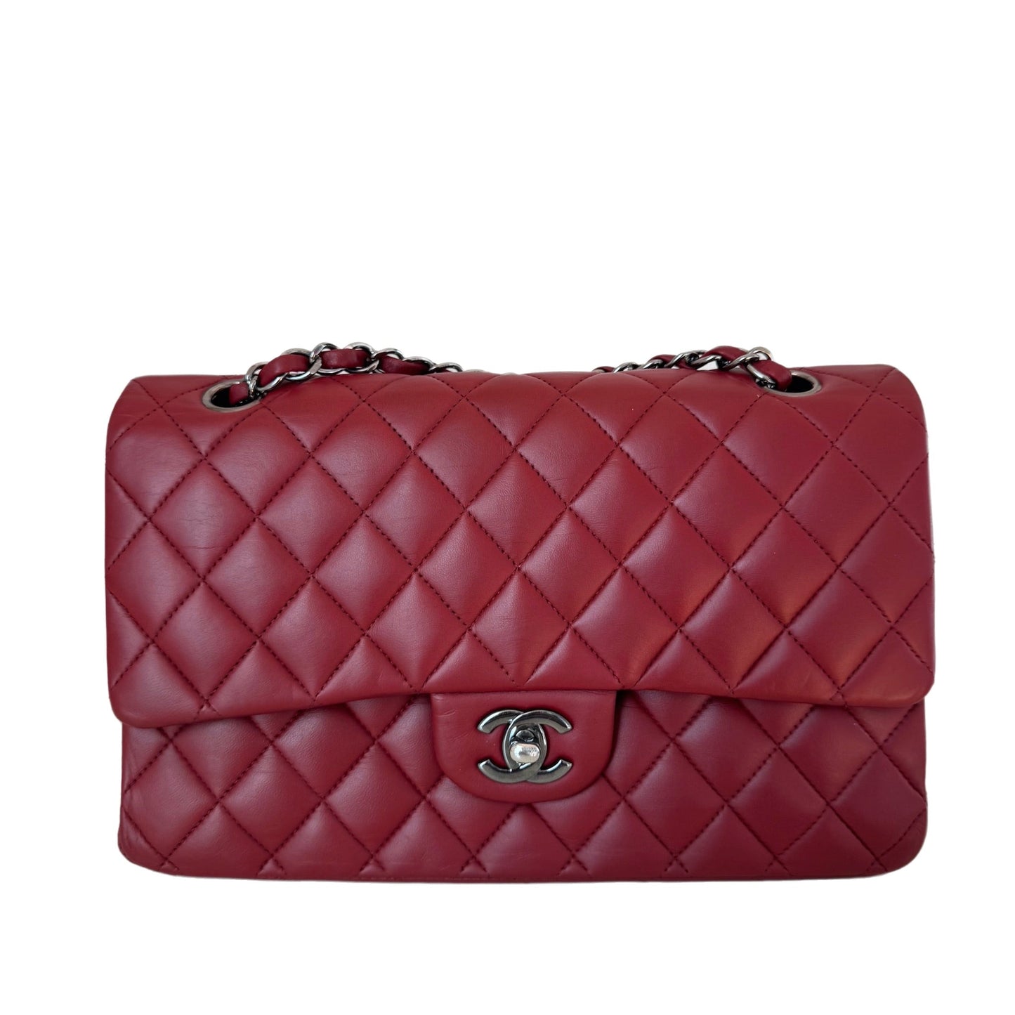 Chanel Classic Flap Burgundy Lambskin Gunmetal HW Grey Leather Handbag