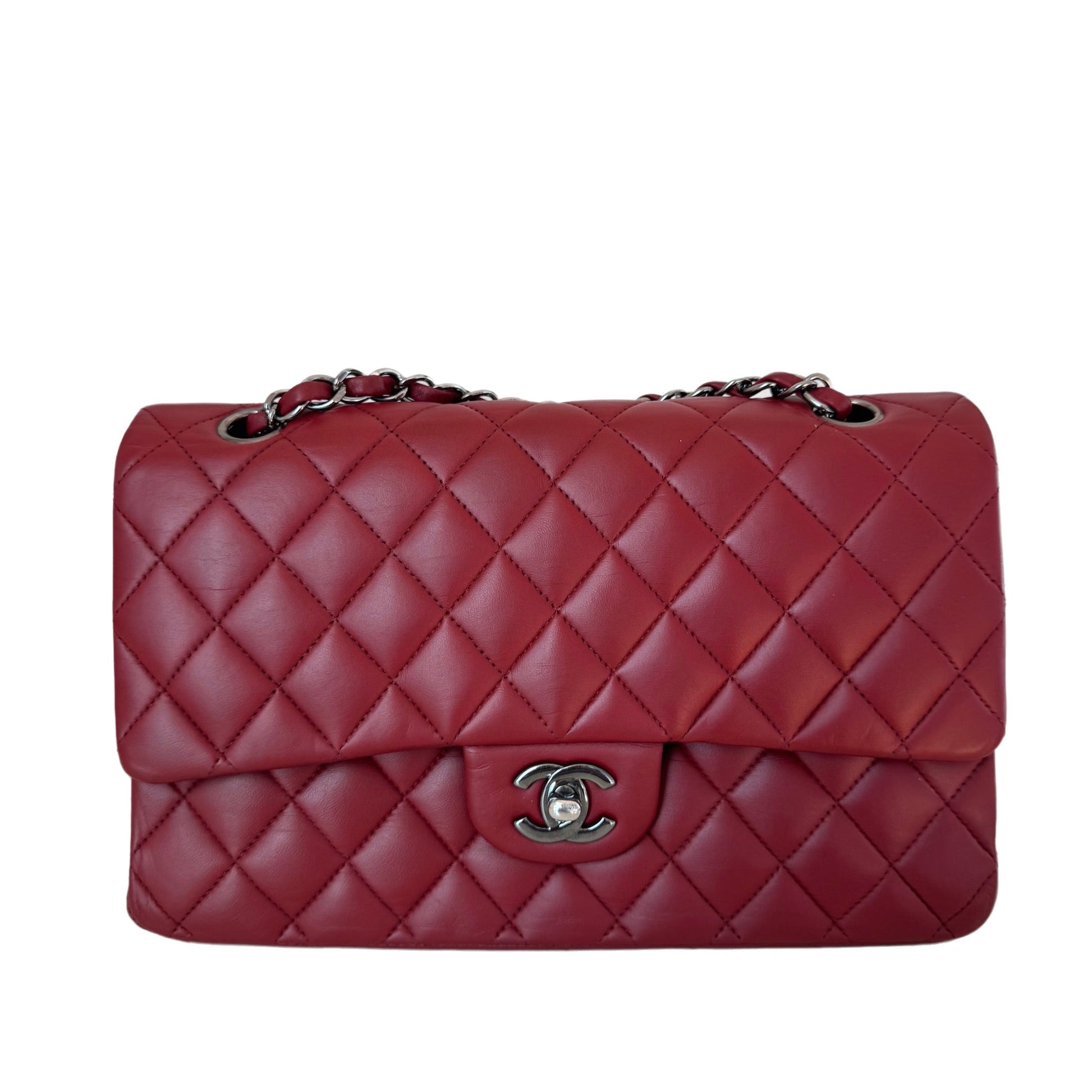 Chanel Classic Flap Burgundy Lambskin Gunmetal HW Grey Leather Handbag