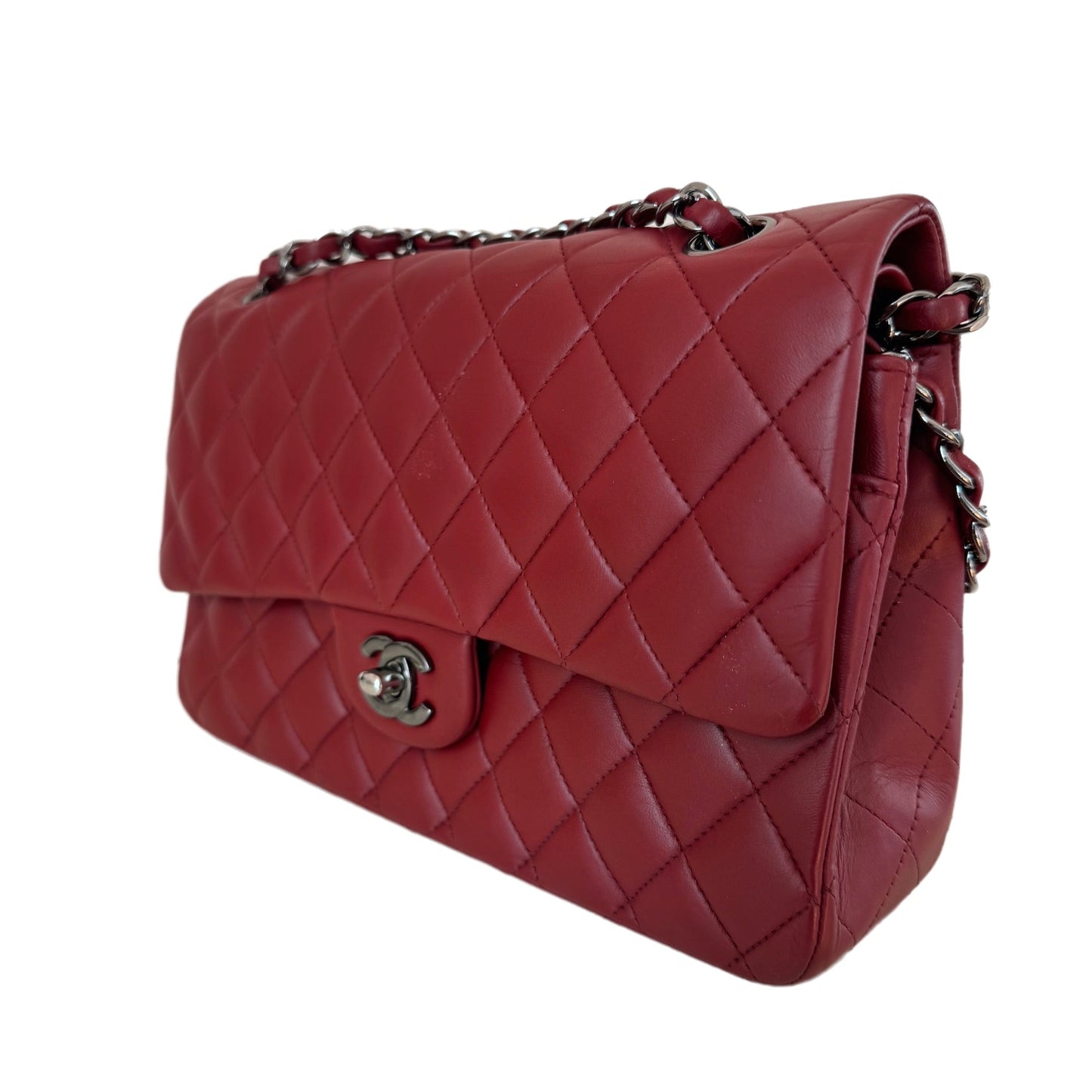 Chanel Classic Flap Burgundy Lambskin Gunmetal HW Grey Leather Handbag