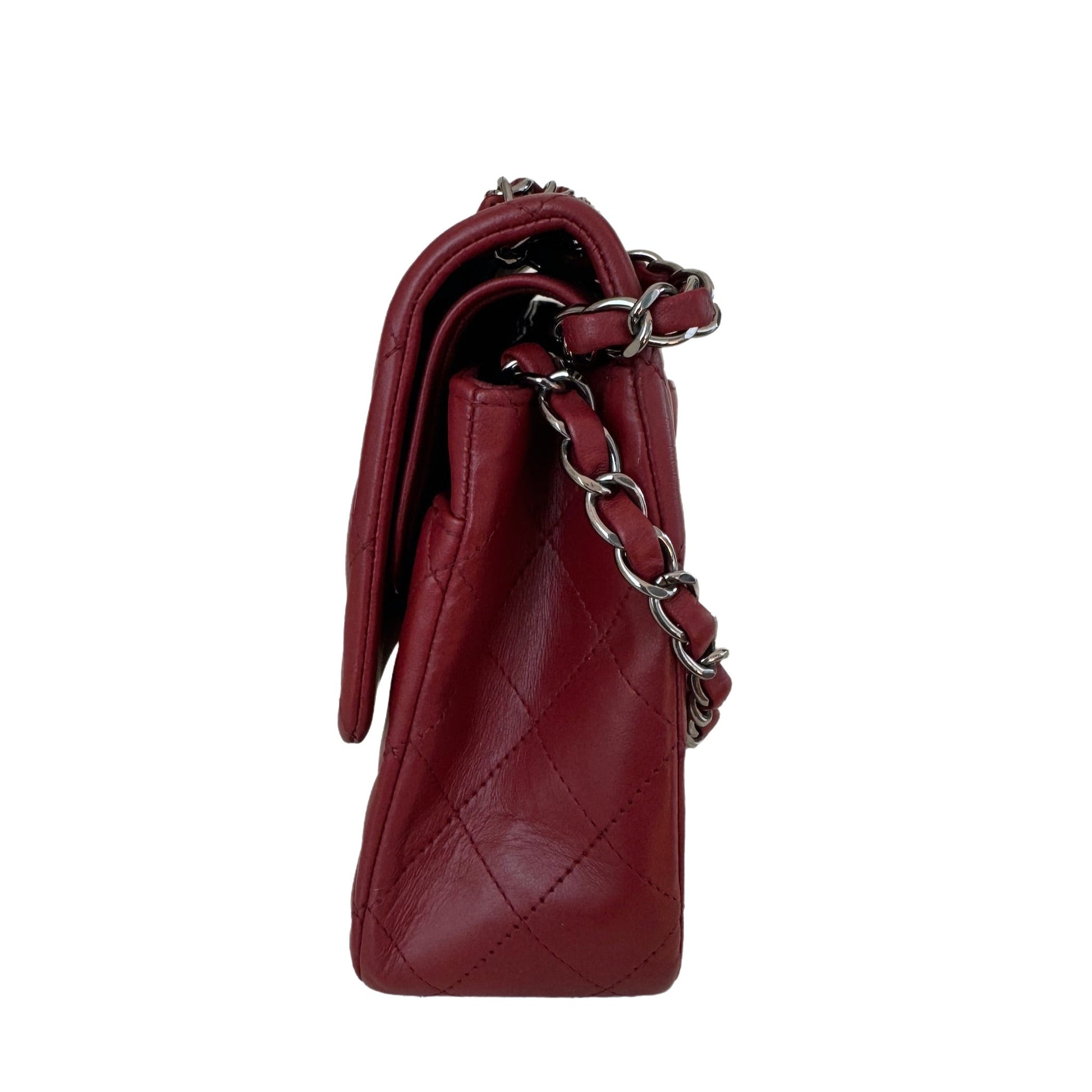 Chanel Classic Flap Burgundy Lambskin Gunmetal HW Grey Leather Handbag