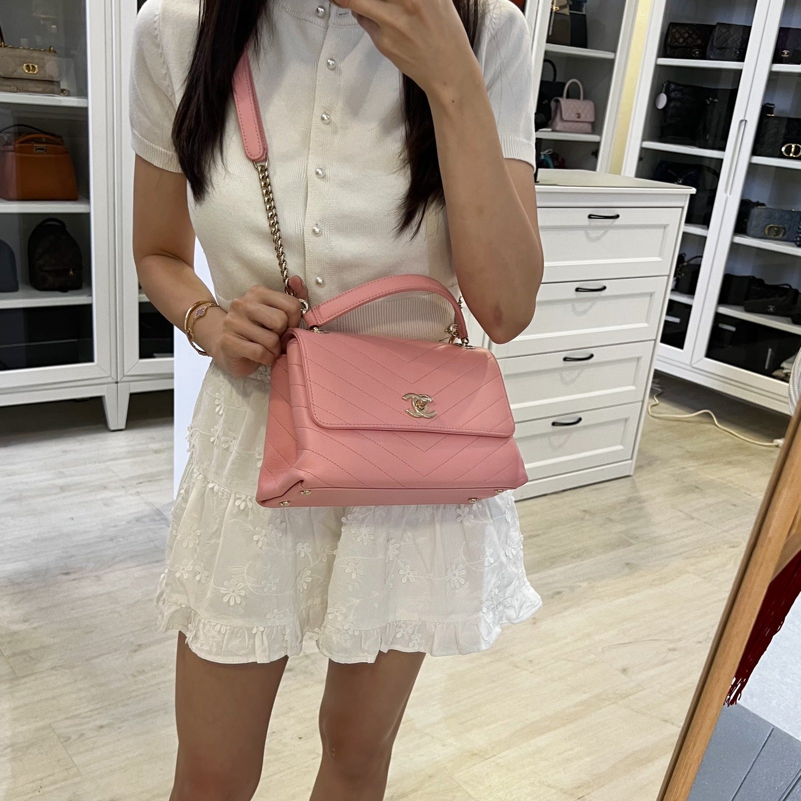 Chanel Seasonal Top Handle Flap Bag In Chevron Quilted Pink Calf Leather And Lghw