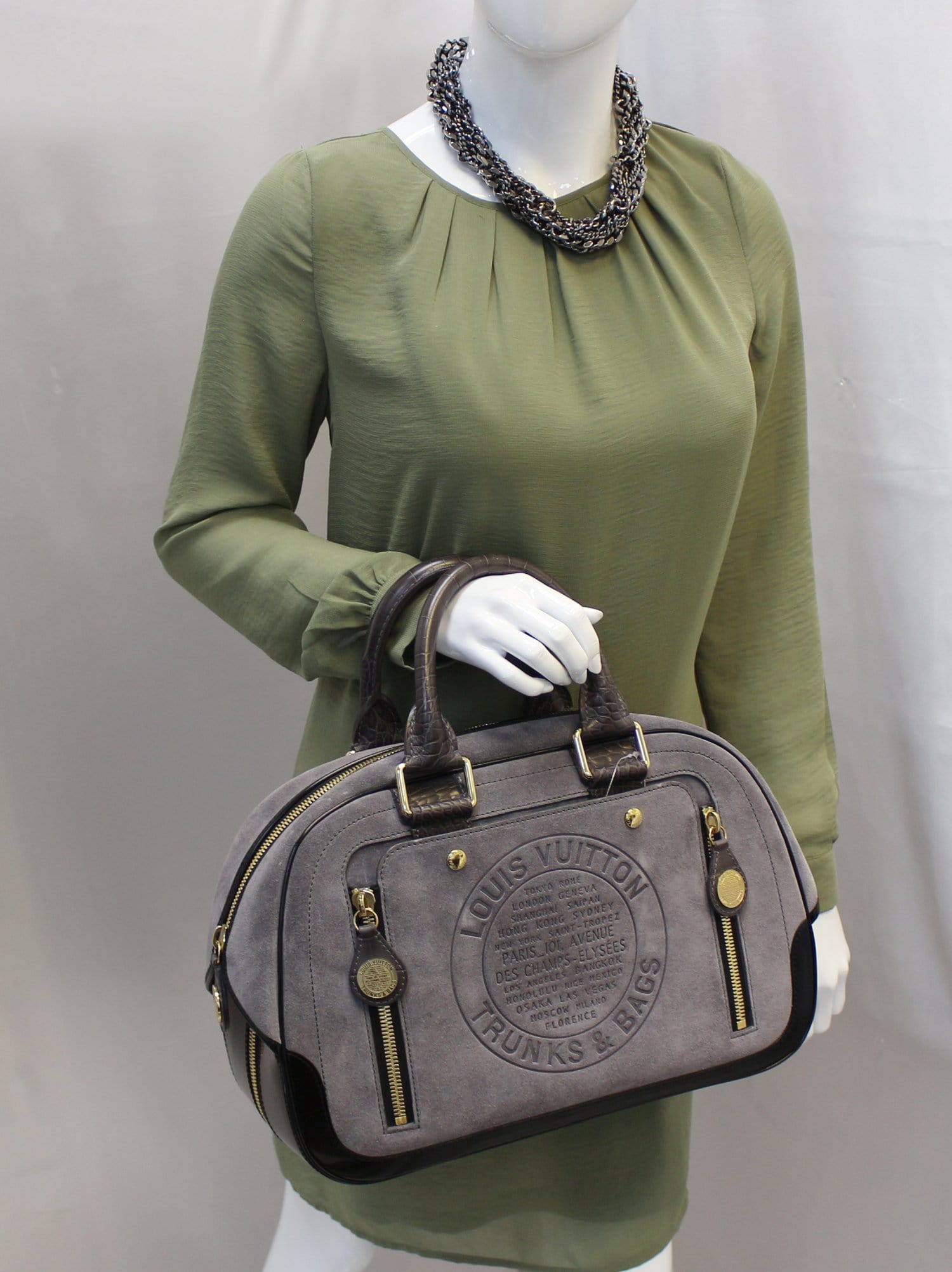 Louis Grey Havane Stamped Trunk Gm Bag Suede Travel Bag