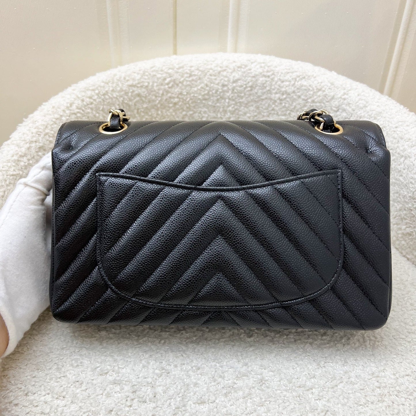 Chanel Small Classic Flap CF in Chevron Quilted Black Caviar and LGHW (Model: A01113)