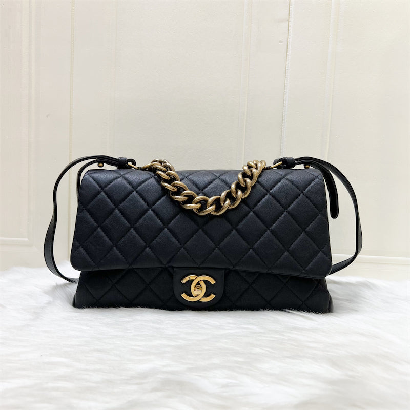 Chanel Large Trapezio Flap Bag In Black Calfskin And Aghw