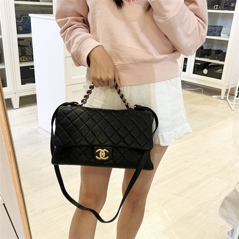Chanel Large Trapezio Flap Bag In Black Calfskin And Aghw