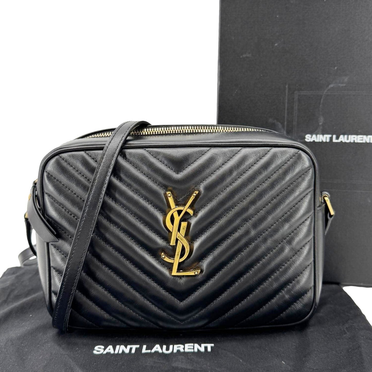 YSL Saint Laurent Yves Lou Chevron Camera Bag Leather Black Travel Bag Lou Camera Bag