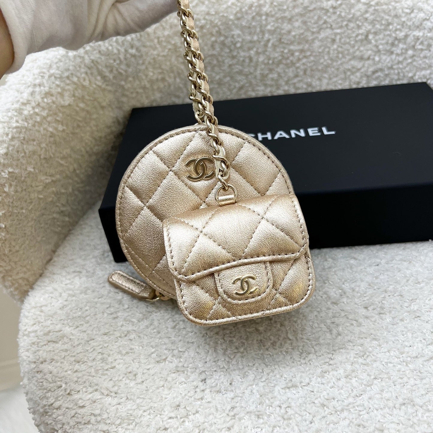 Chanel 2024 Vip Gift Round Pouch And Airpods Holder Bag Charm In Metallic Gold Lambskin And Lghw 3