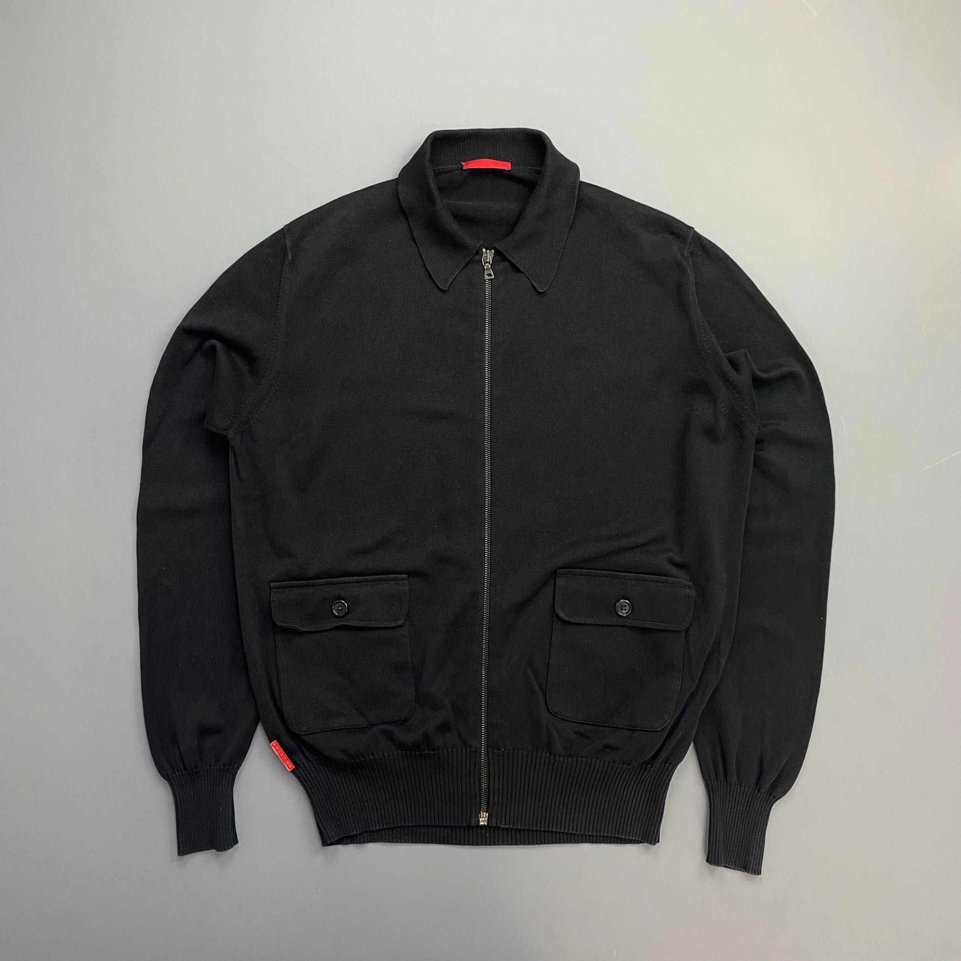 Prada Handbag Sport Cotton Knit -Through Collared Cardigan Black Zip