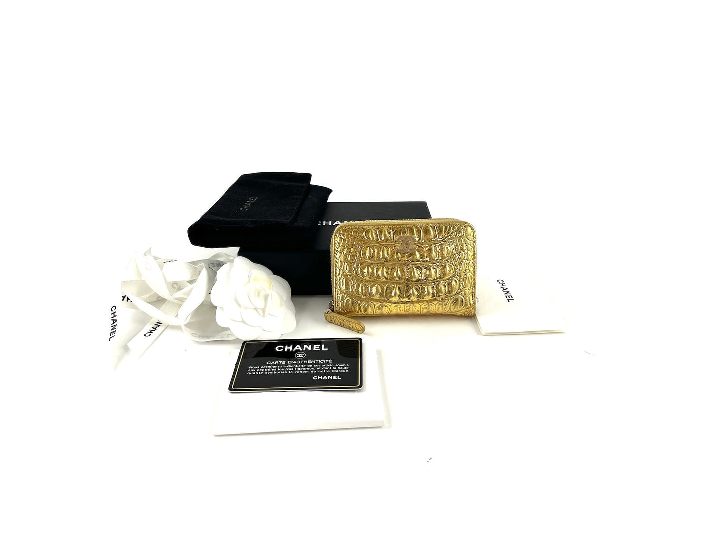 Chanel New Gold Croc Embossed Zip O Coin Purse Wallet