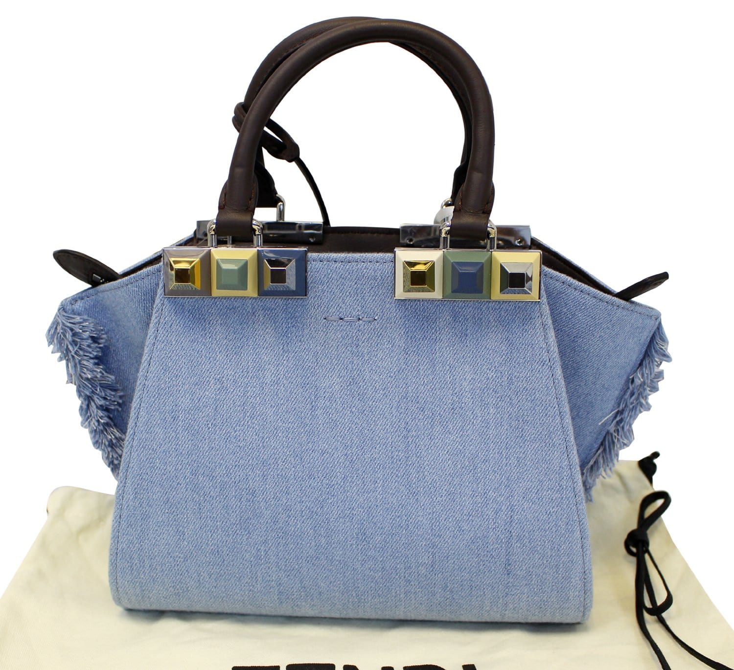 Fendi Jour Fringed Studs Tote Crossbody Bag Denim Mini