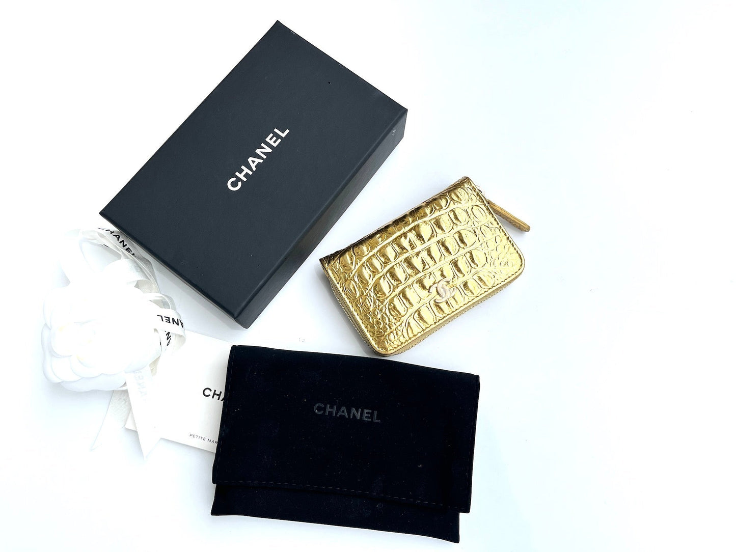New CHANEL Gold Croc Embossed Zip O Coin Purse Wallet