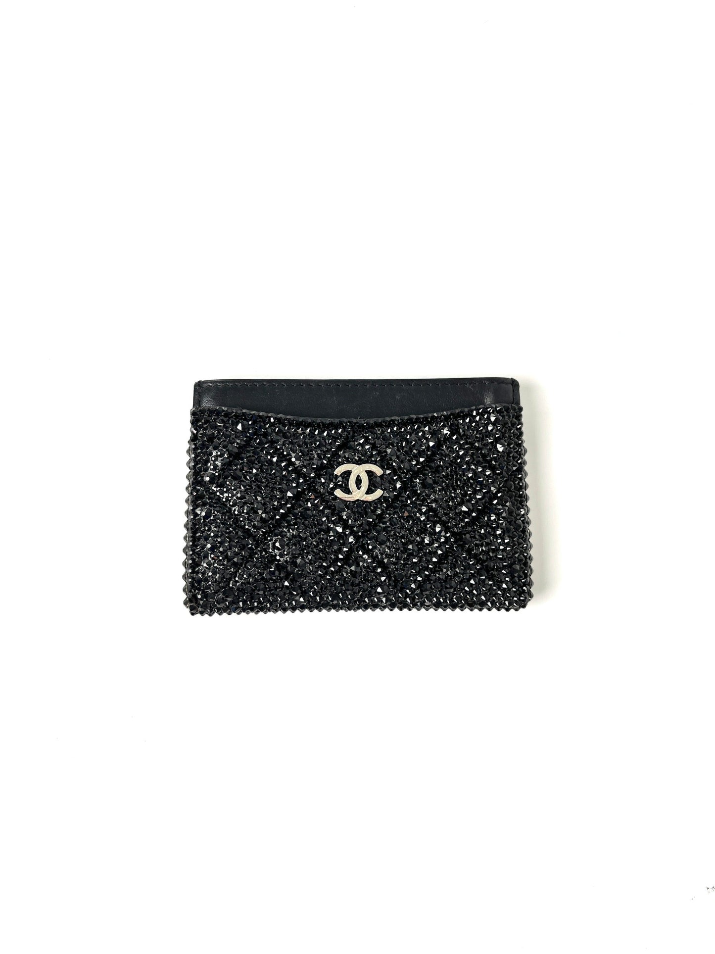 CHANEL Black Swarovski Crystal Leather Card Case Wallet