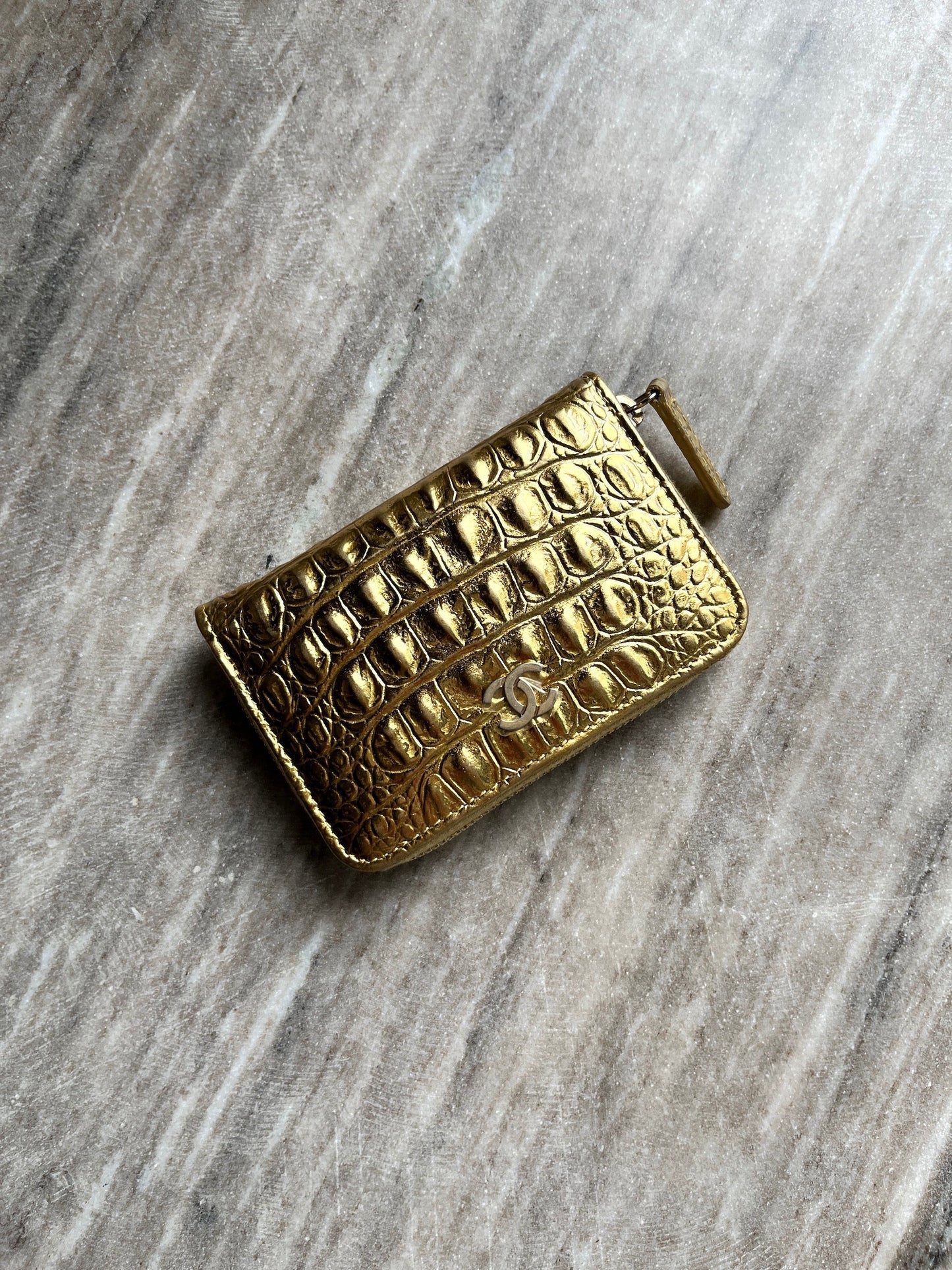 Chanel New Gold Croc Embossed Zip O Coin Purse Wallet