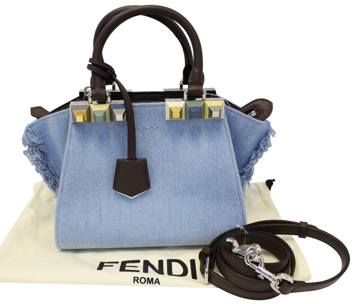 Fendi Jour Fringed Studs Tote Crossbody Bag Denim Mini