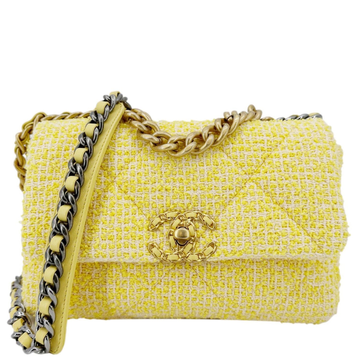Chanel 19 Flap Quilted Tweed Yellow Travel Bag
