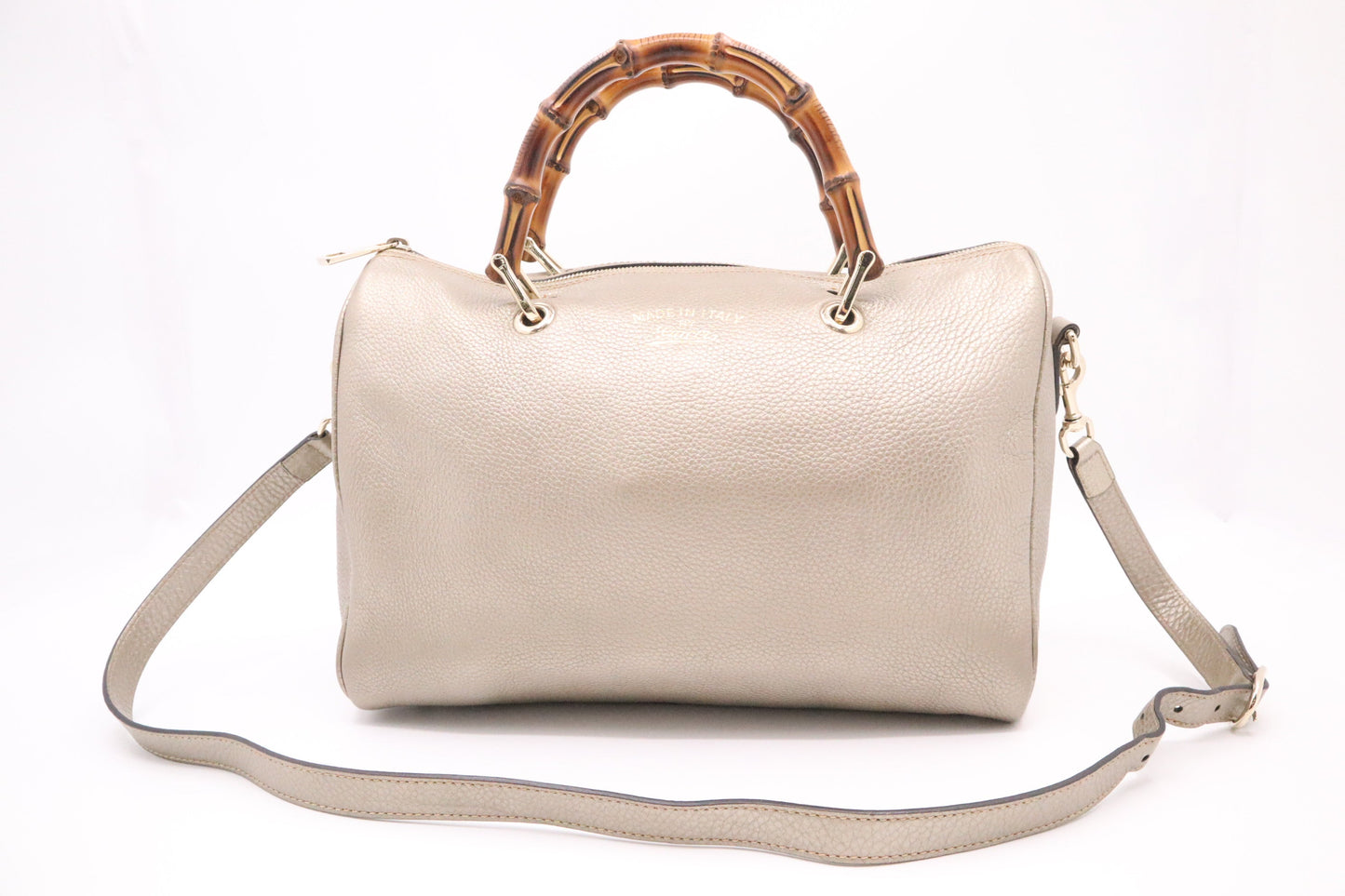 Gucci Bamboo Shopper Boston Bag In Metallic Leather Beige Travel Bag