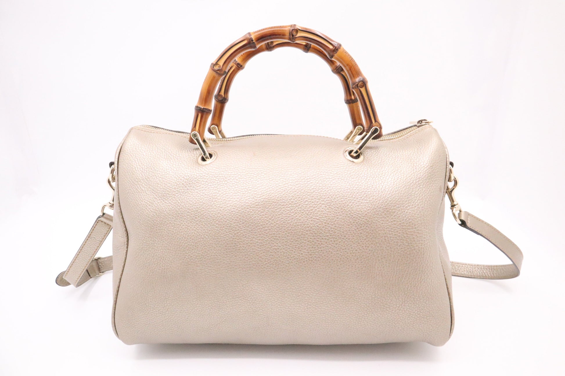 Gucci Bamboo Shopper Boston Bag In Metallic Leather Beige Travel Bag