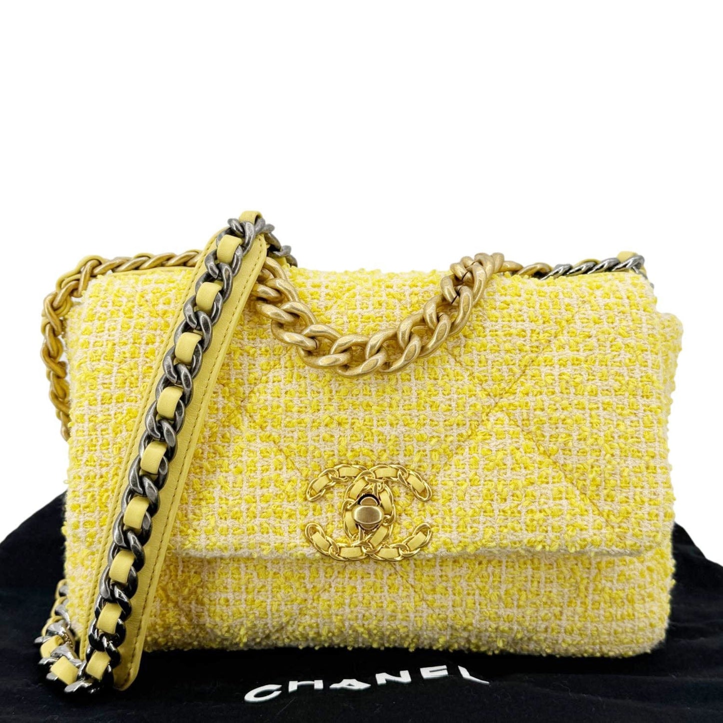 Chanel 19 Flap Quilted Tweed Yellow Travel Bag