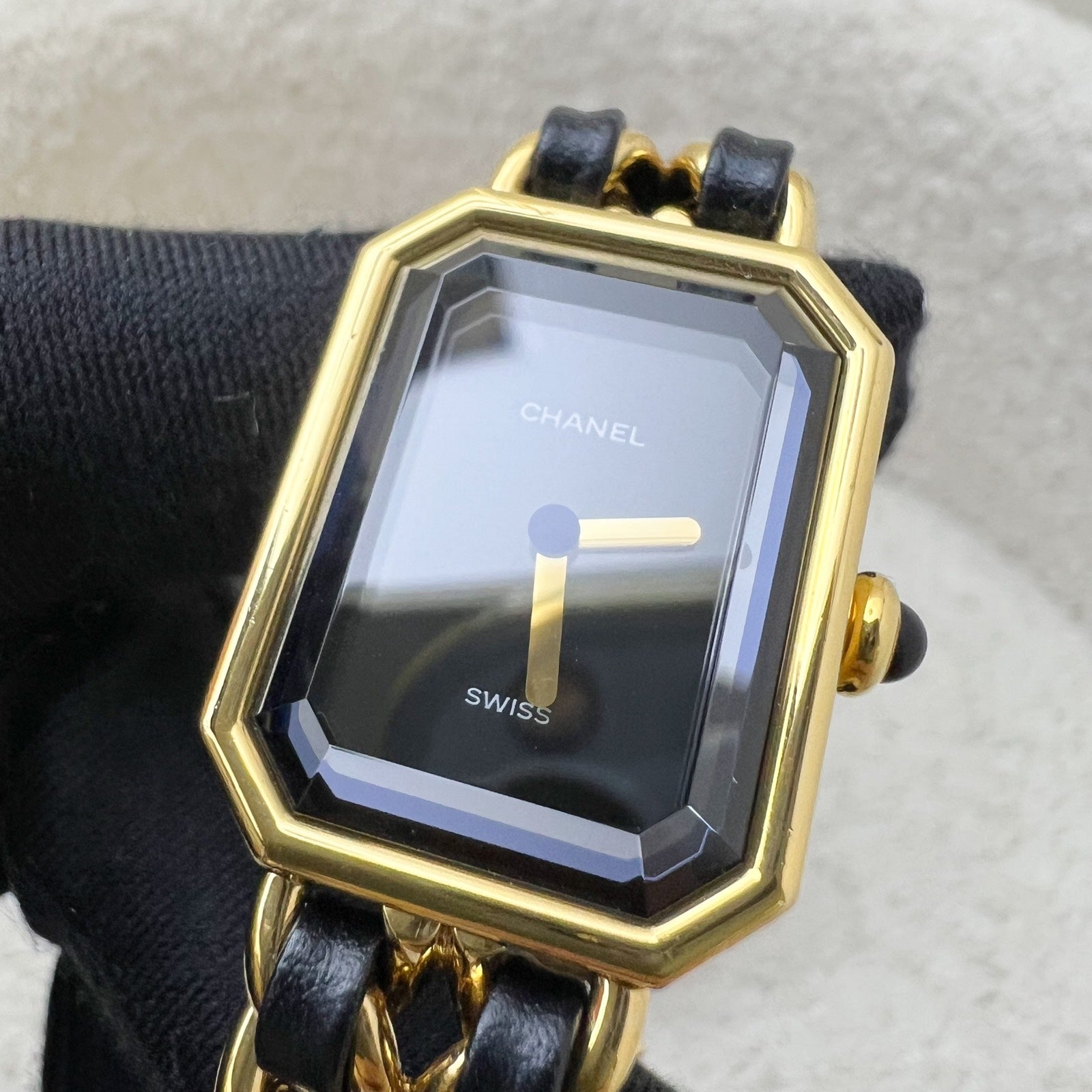 Chanel Premiere Watch in 24K Gold Plated Hw and Black Leather Size M Handbag
