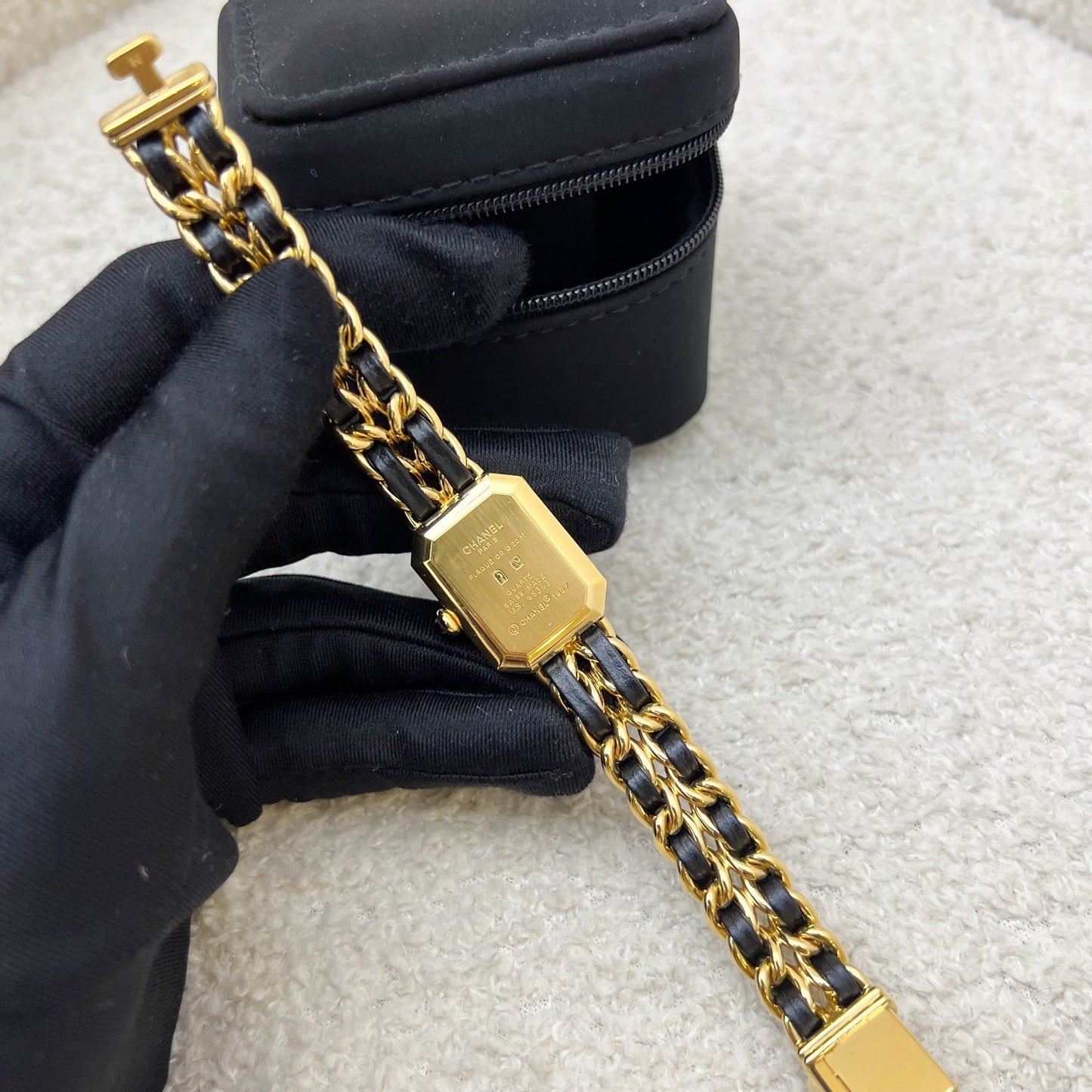Chanel Premiere Watch in 24K Gold Plated Hw and Black Leather Size M Handbag