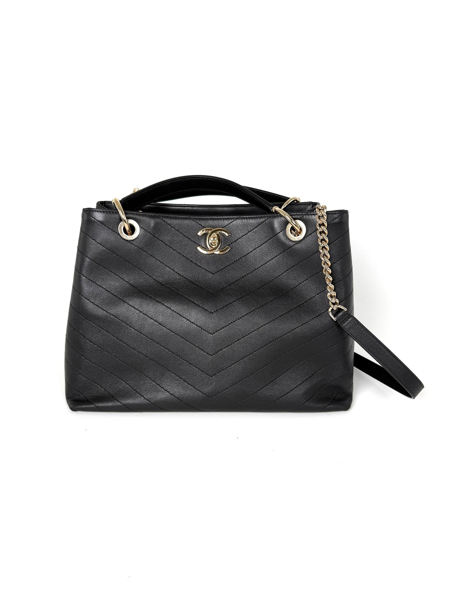 Chanel Large Chevron Stitched Chic Shopping Black Calfskin Leather Tote Bag