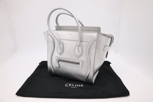 Celine Micro Luggage In Handbag Leather Silver Travel Bag