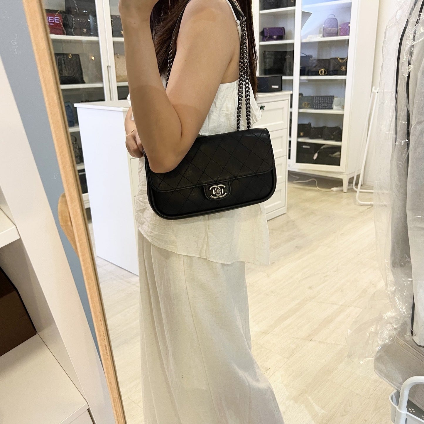 Chanel Seasonal Small Flap Bag in Black Calfskin with Suede Interior and Rhw