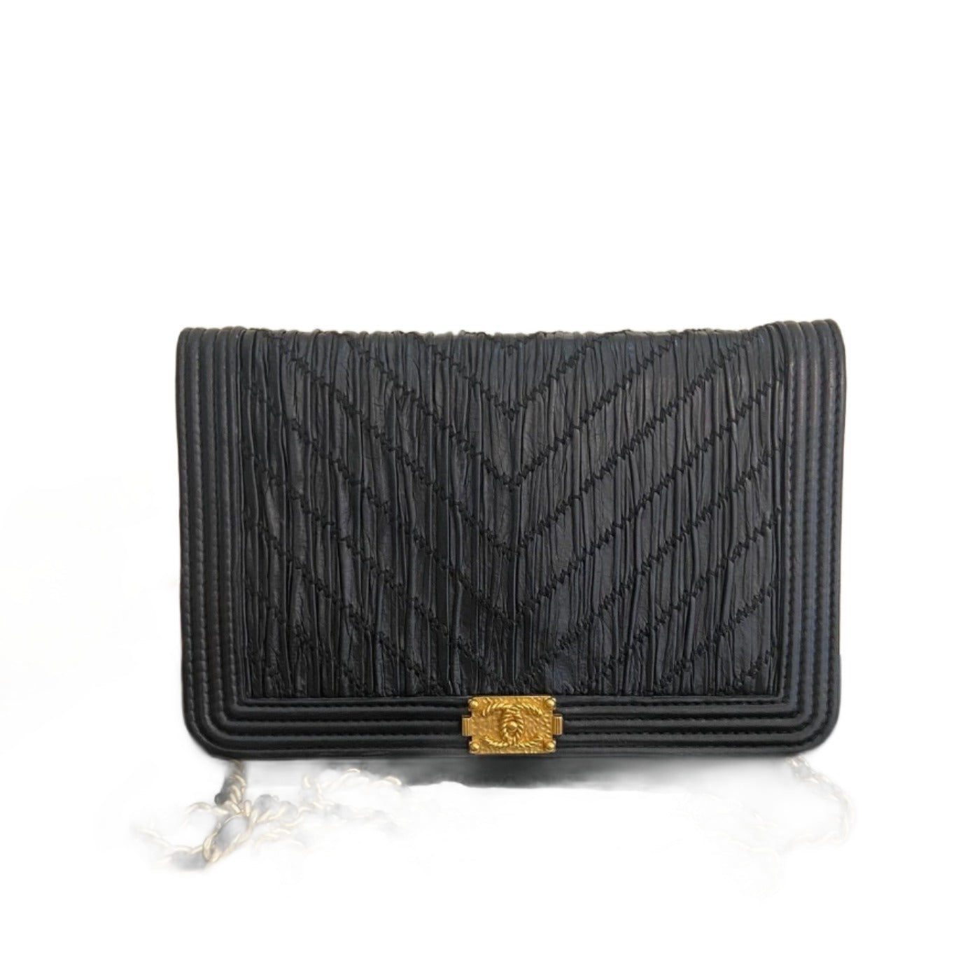 Chanel on WOC Boy Calfskin Chevron Wrinkled Black Leather Wallet Case