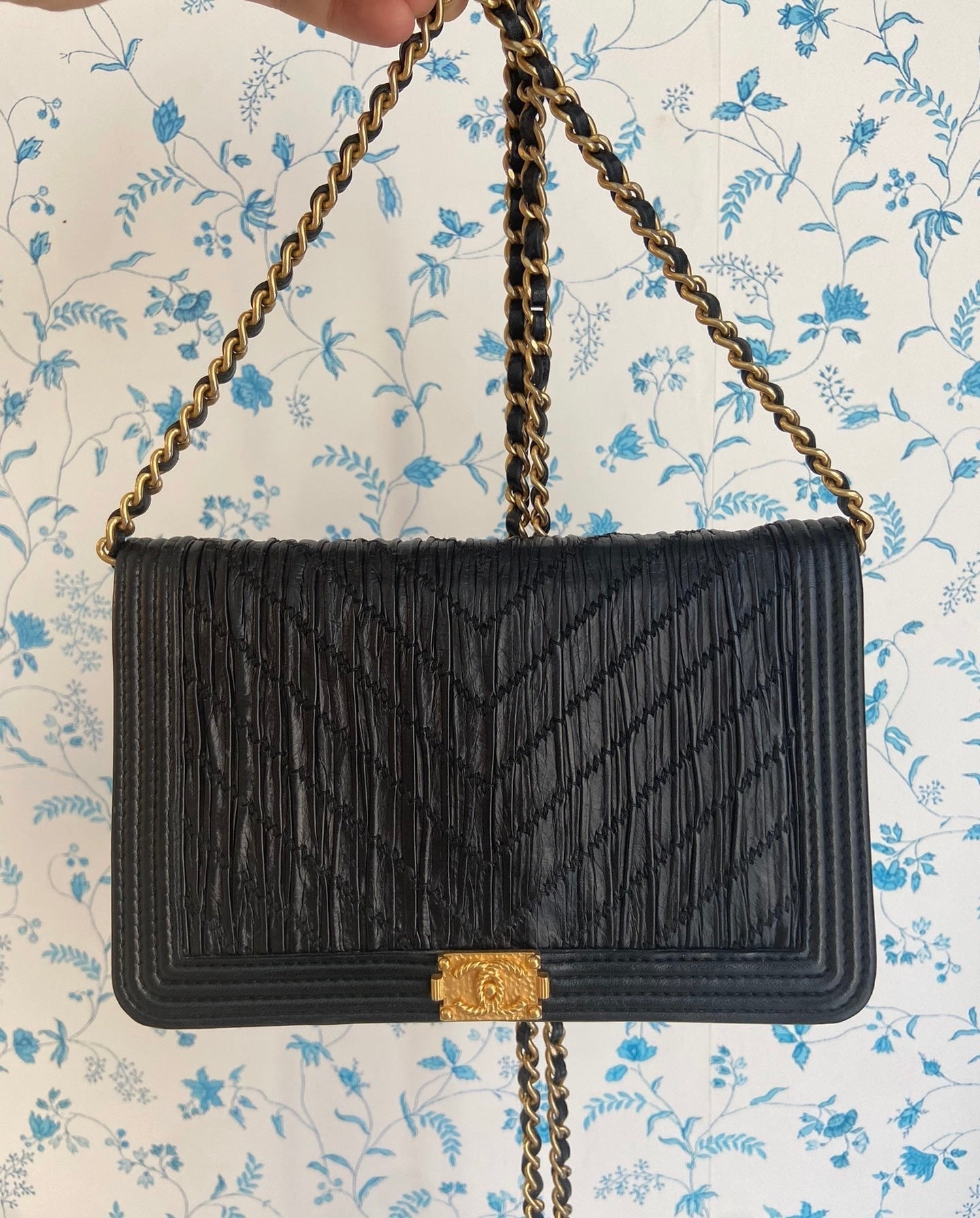 Chanel on WOC Boy Calfskin Chevron Wrinkled Black Leather Wallet Case