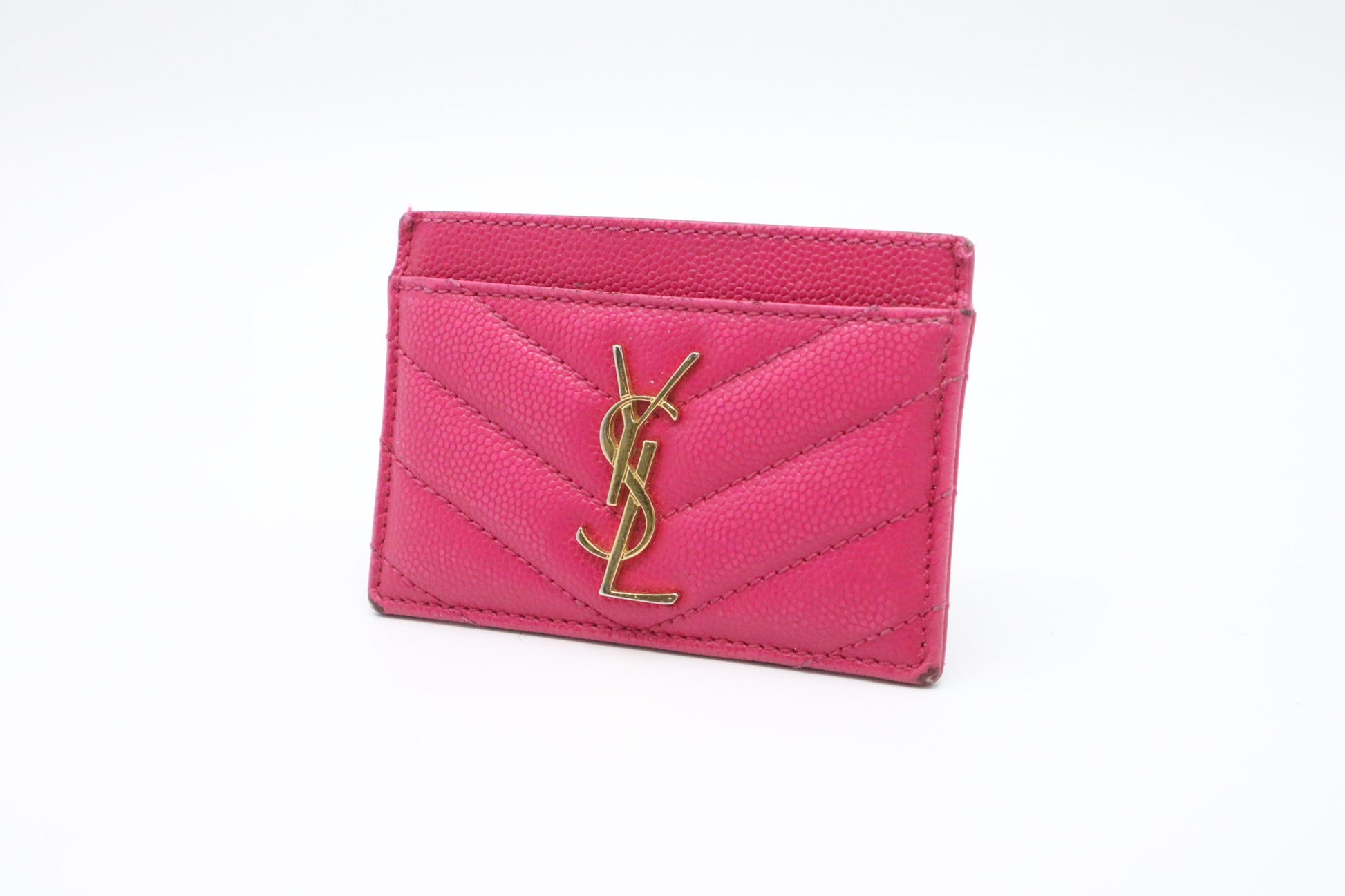 YSL Saint Laurent Card Case In Grain De Poudre Embossed Leather Pink Travel Bag