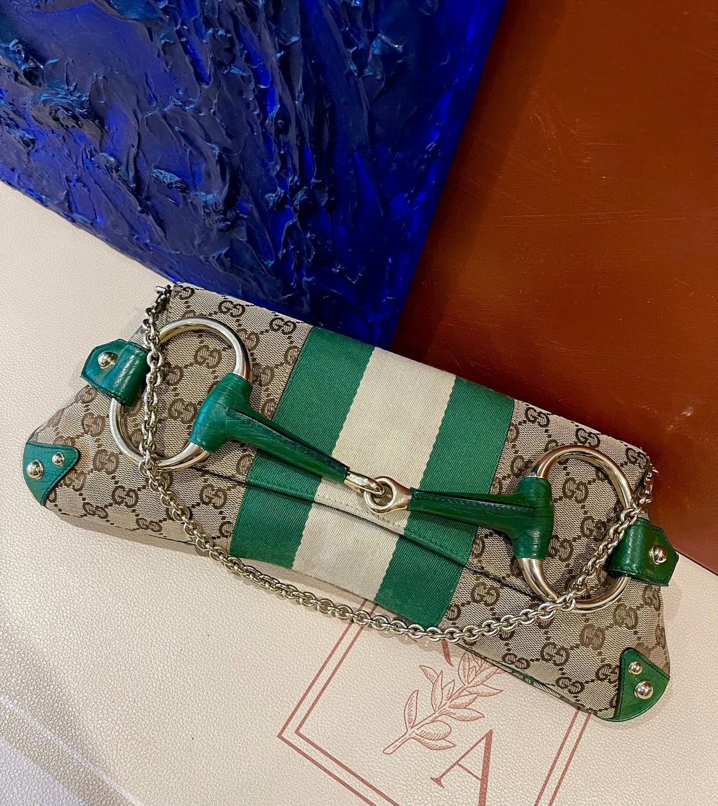 Gucci Iconic Horsebit Chain Cloth Studs Monogram Leather Green Gold Handbag