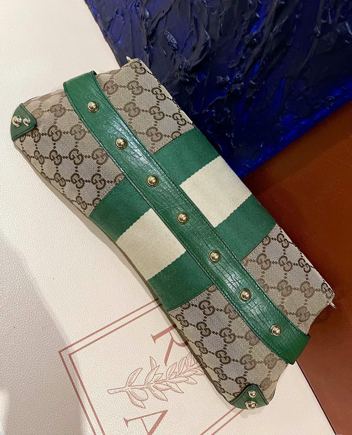Gucci Iconic Horsebit Chain Cloth Studs Monogram Leather Green Gold Handbag