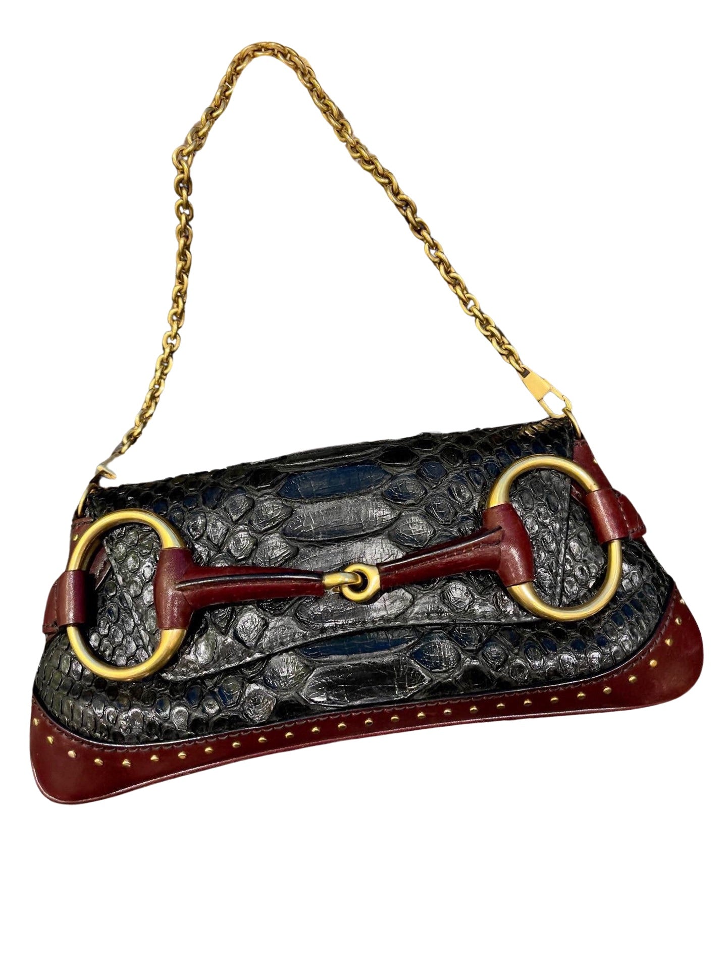 Gucci Horsebit Skin Burgundy based Hardware Leather Crocodile Black Gold Handbag