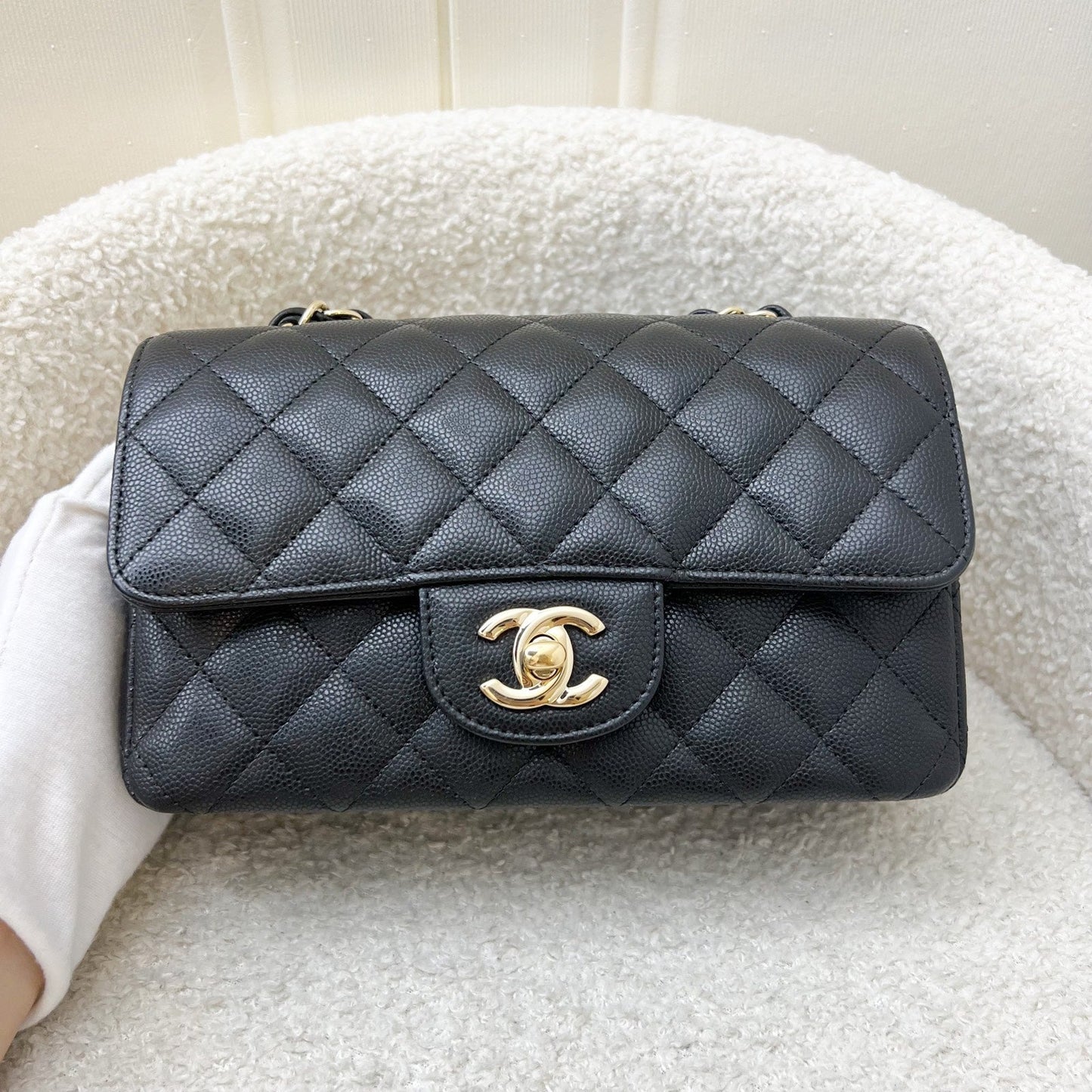 Chanel Mini Rectangle Classic Flap In Black Caviar And Lghw Bag