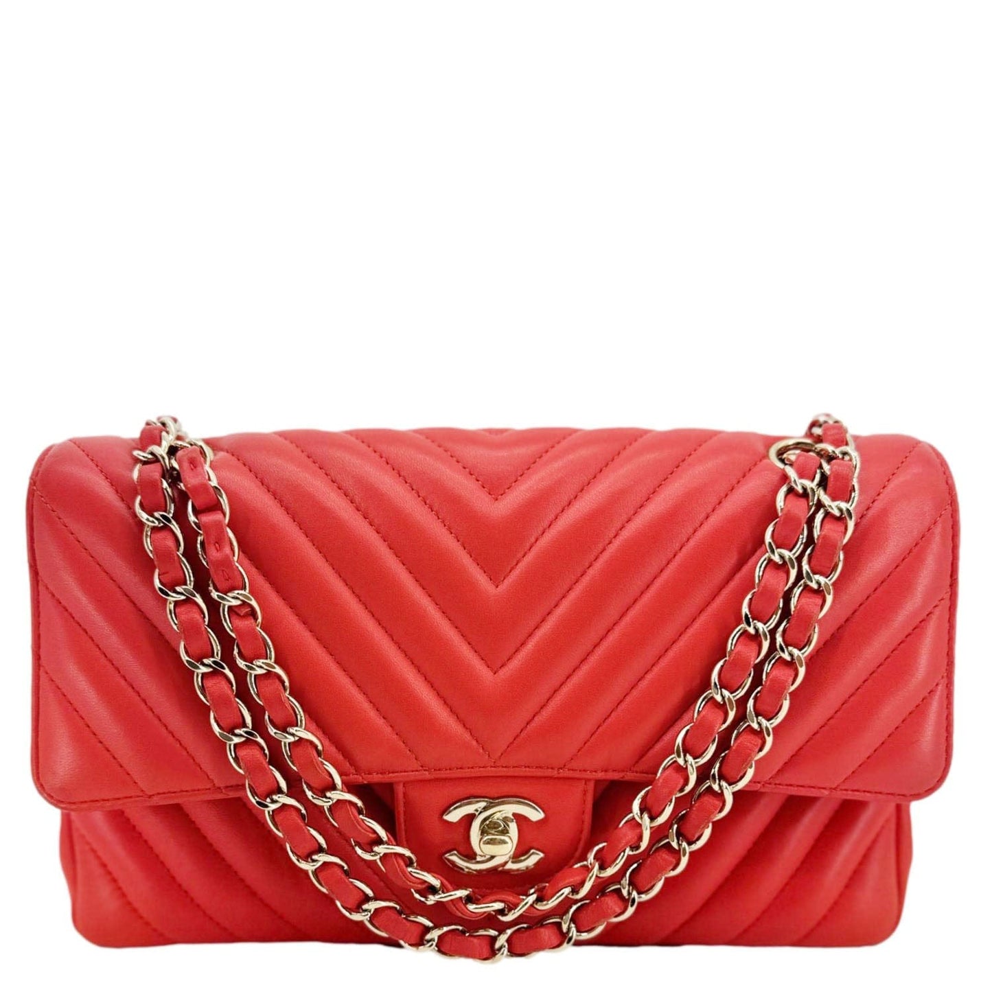 Chanel Classic Double Flap Chevron Leather Orange Travel Bag