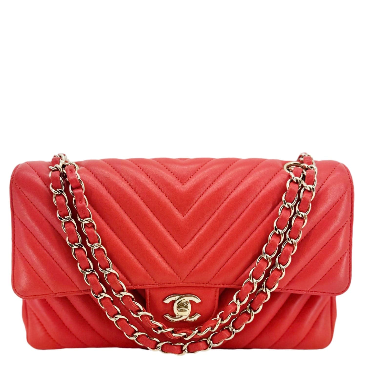 Chanel Classic Double Flap Chevron Leather Orange Travel Bag