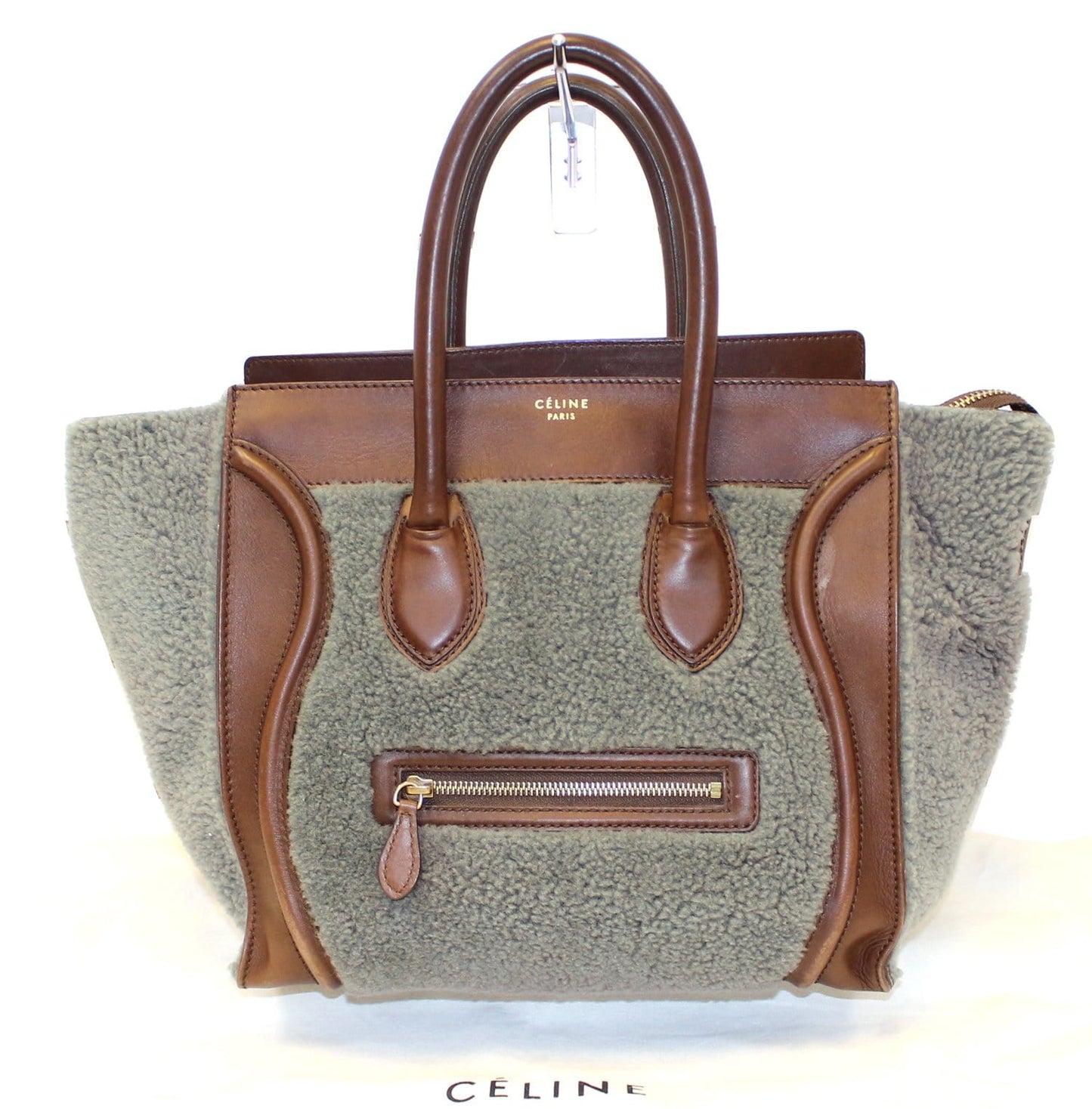 Grey Shearling Luggage Tote Bag Leather Brown