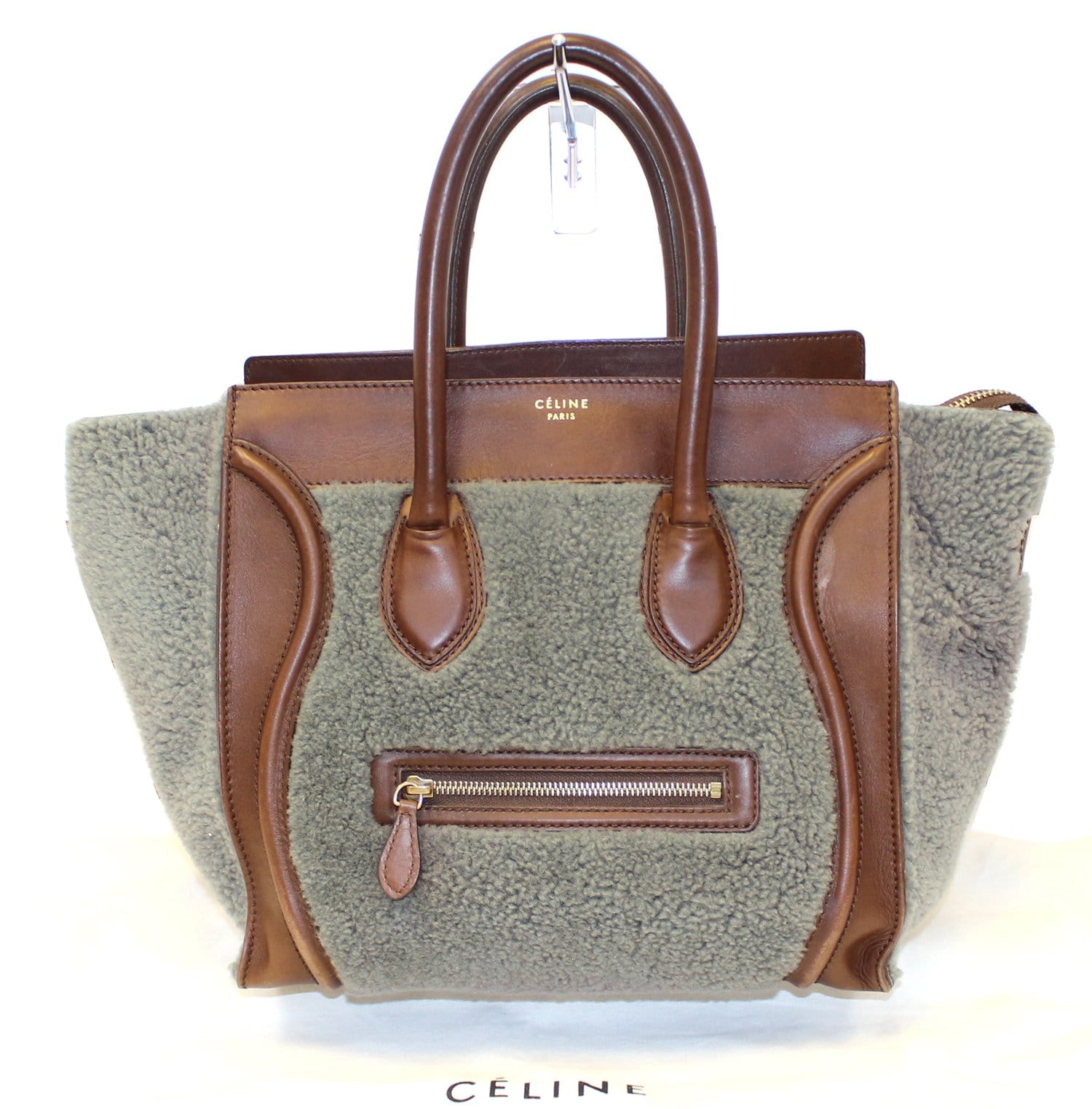 Grey Shearling Luggage Tote Bag Leather Brown