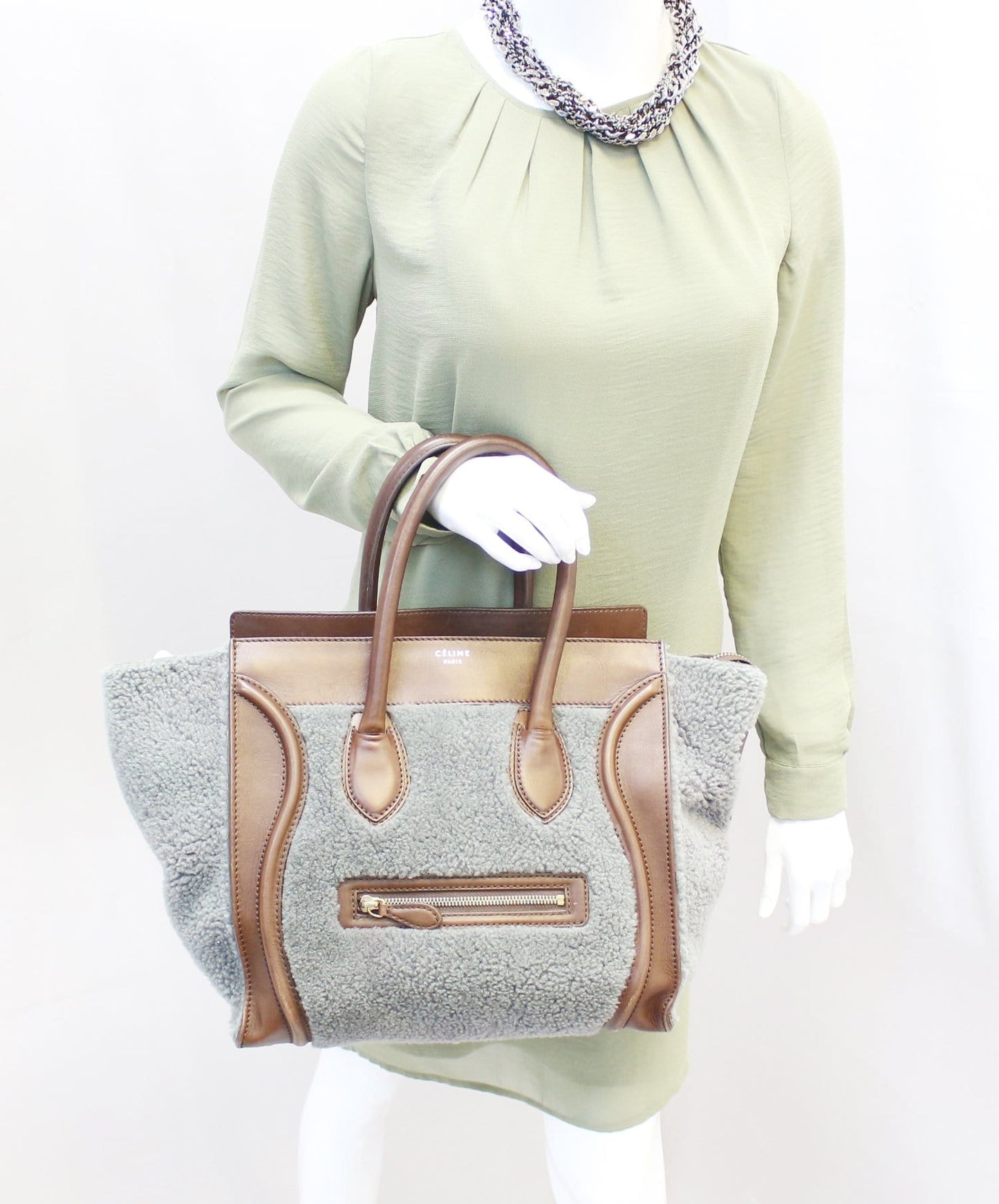 Grey Shearling Luggage Tote Bag Leather Brown