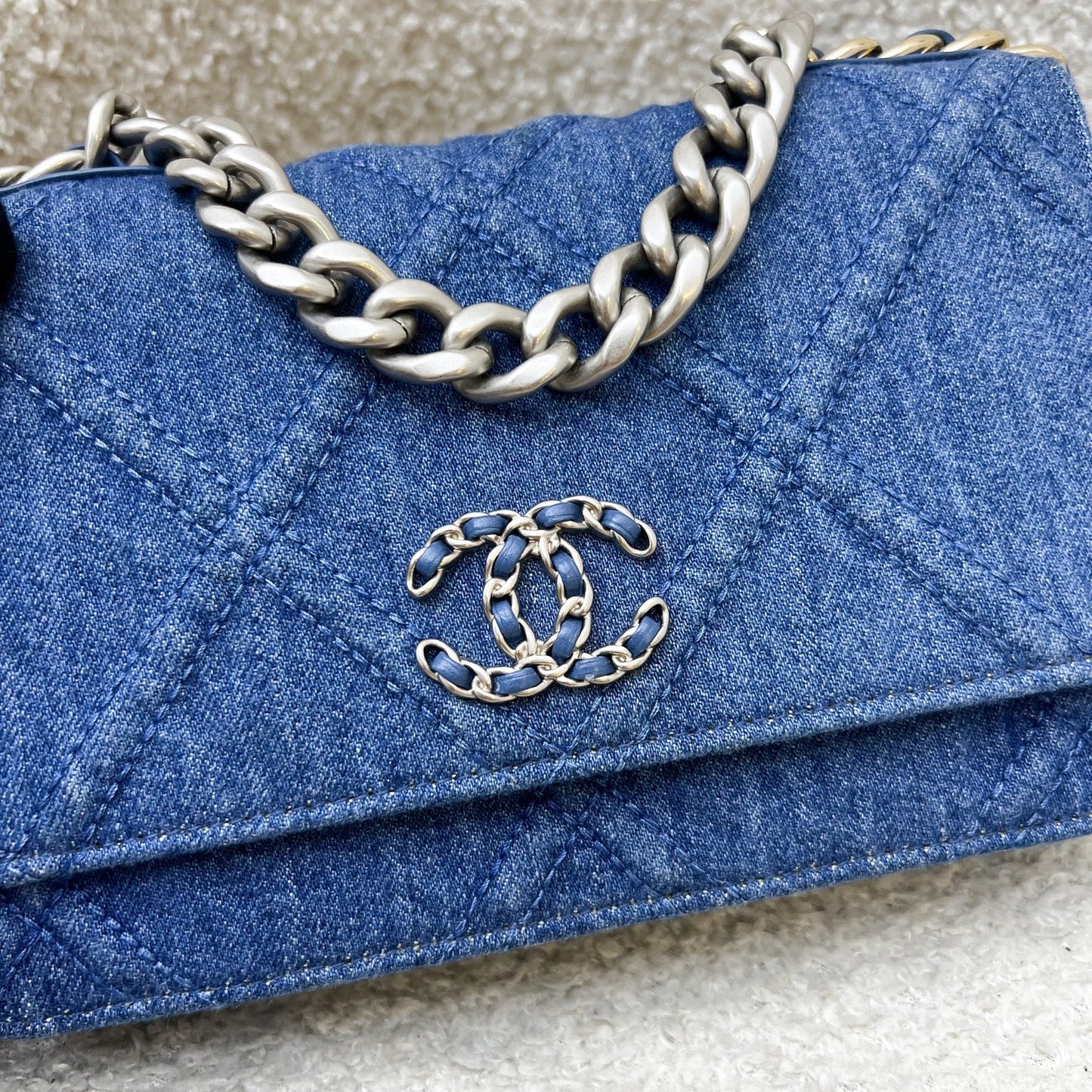 Chanel 19 Wallet on Chain WOC in Dark Blue Denim and SHW