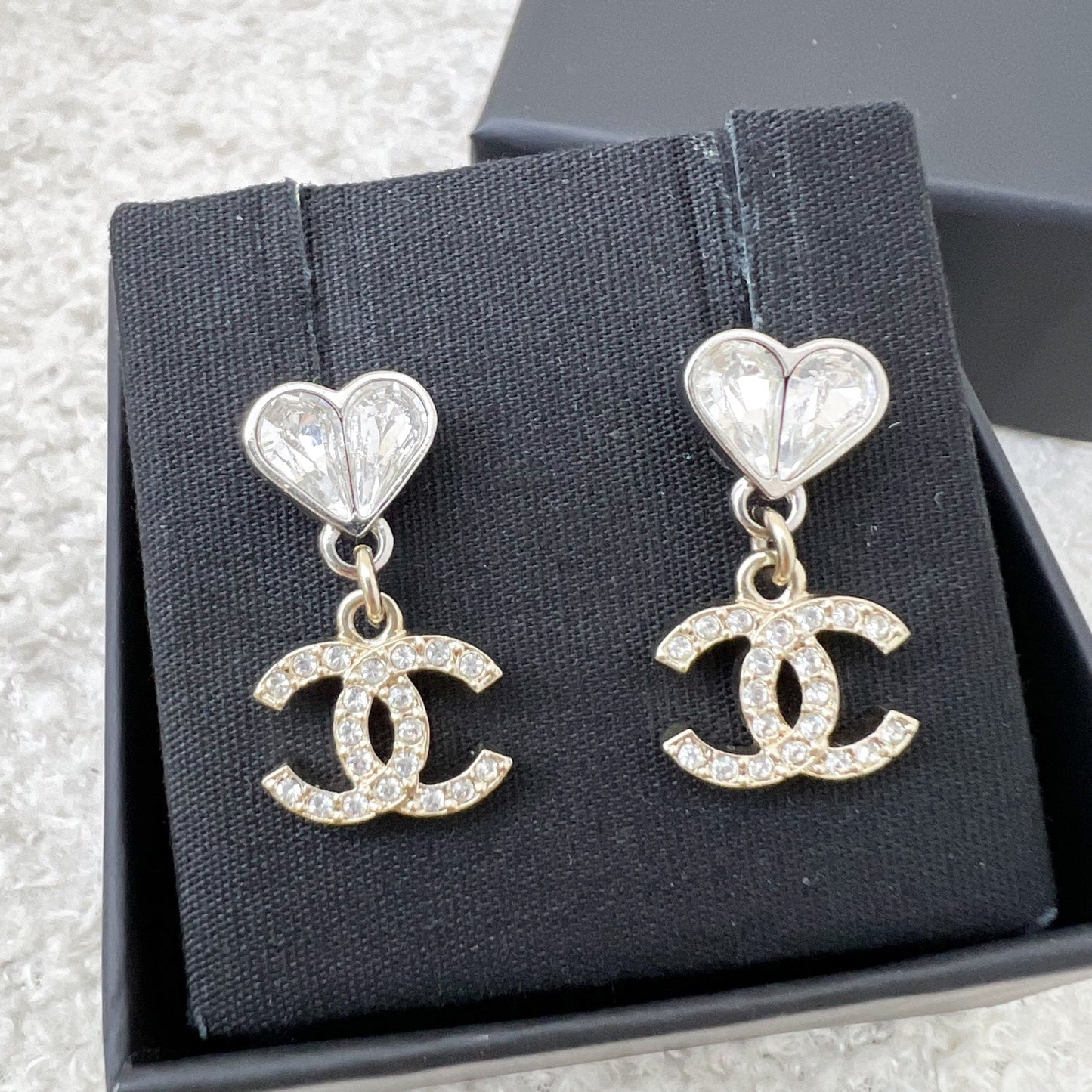 Chanel 23S Crystal CC Heart Drop Earrings In Lghw